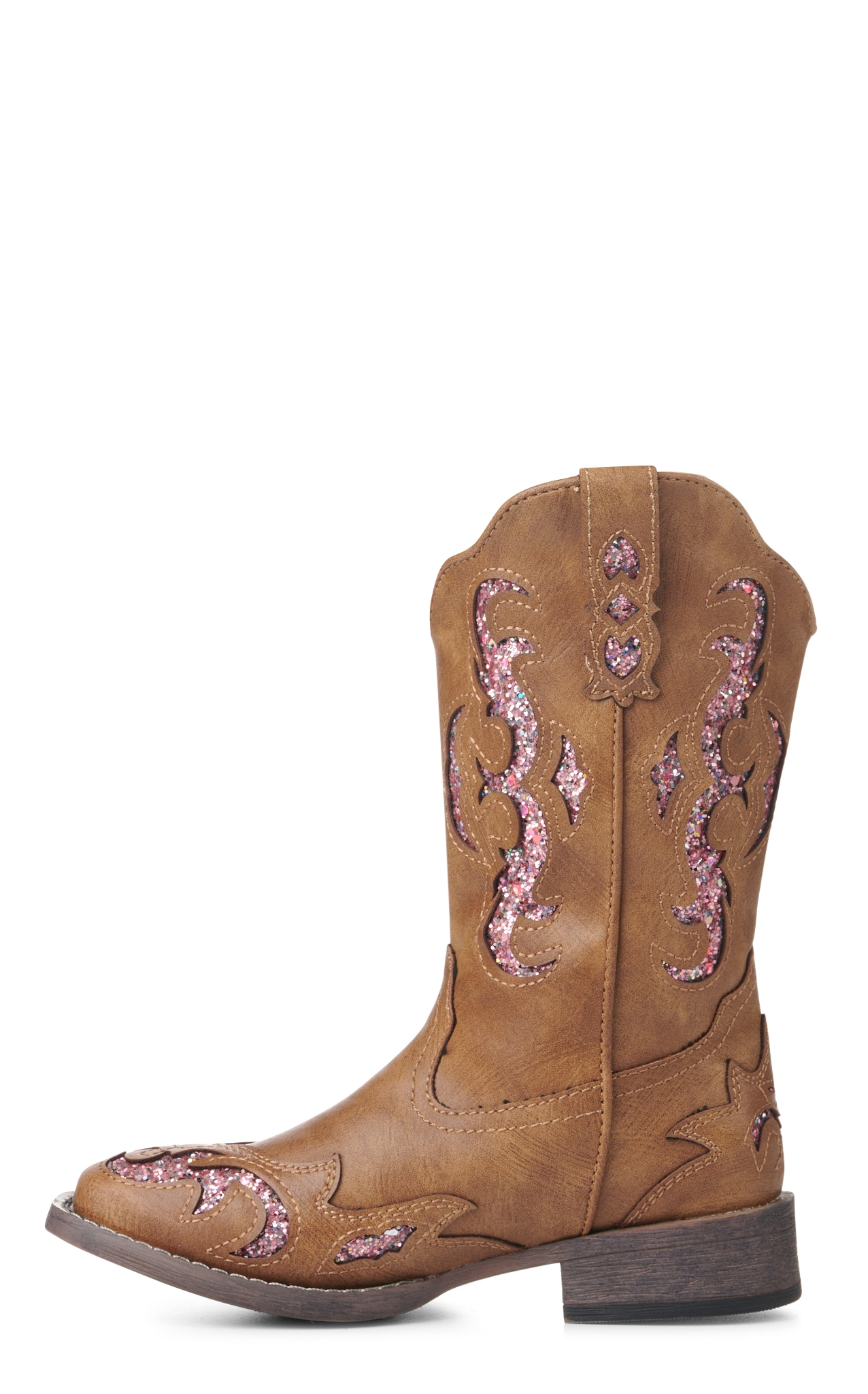Roper Kid's Gypsy Tan with Pink Glitter Inlay Square Toe Cowboy Boots - Image 1