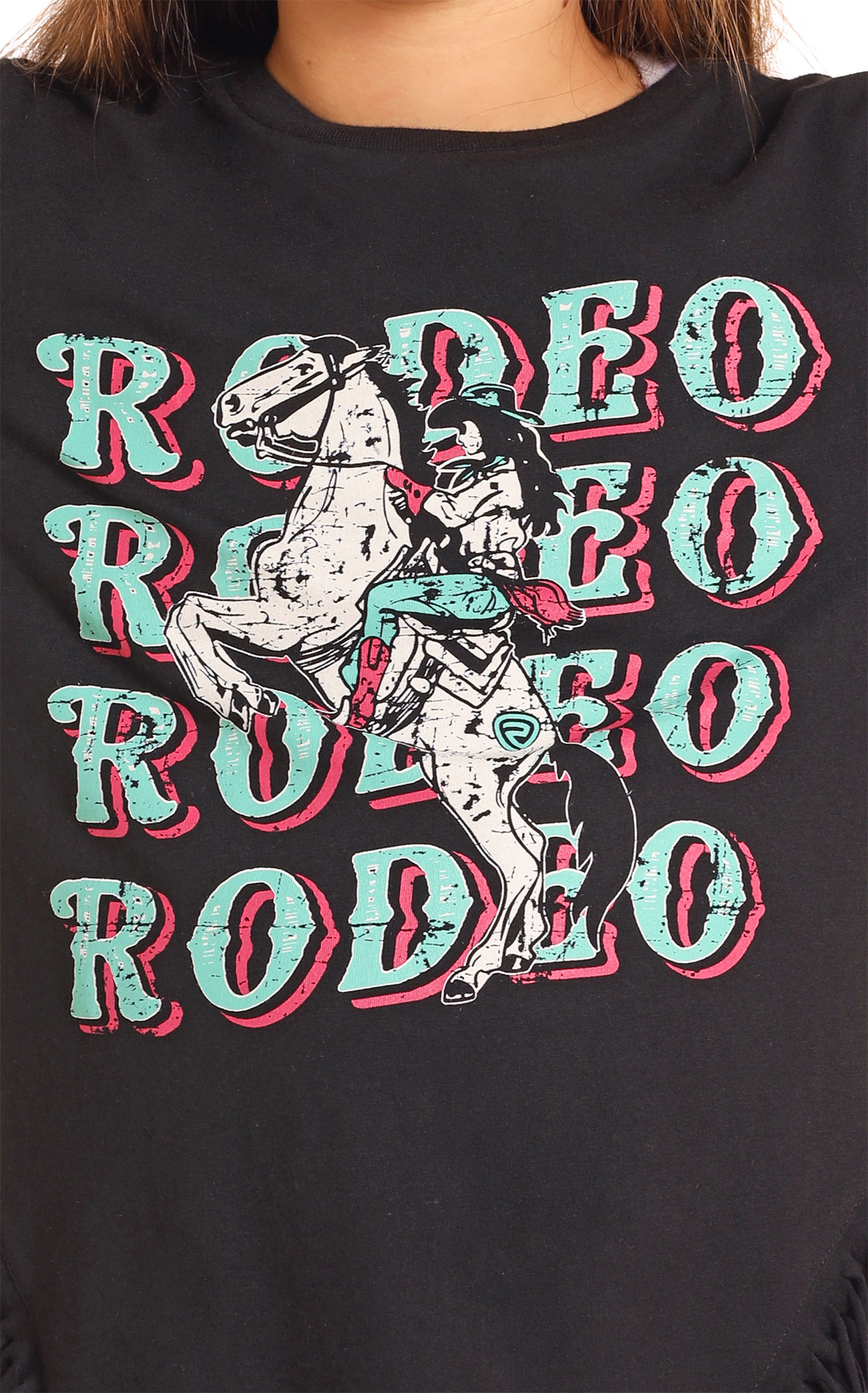Rock & Roll Denim Girl's Black Rodeo Graphic Fringed T-Shirt - Image 1