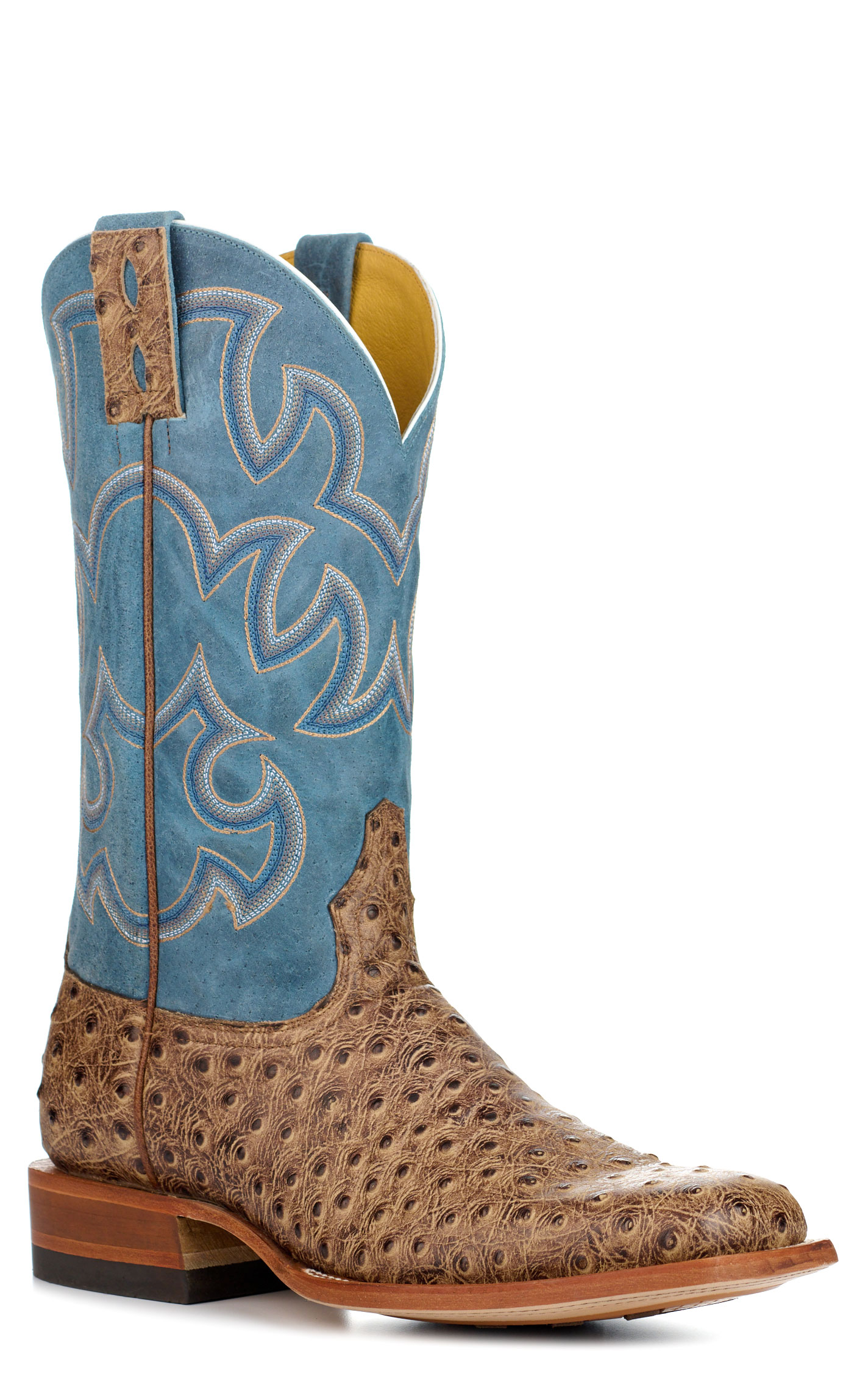Cavender's Men's Endurance Blue and Sand Ostrich Print Wide Square Toe Cowboy Boots - Image 1