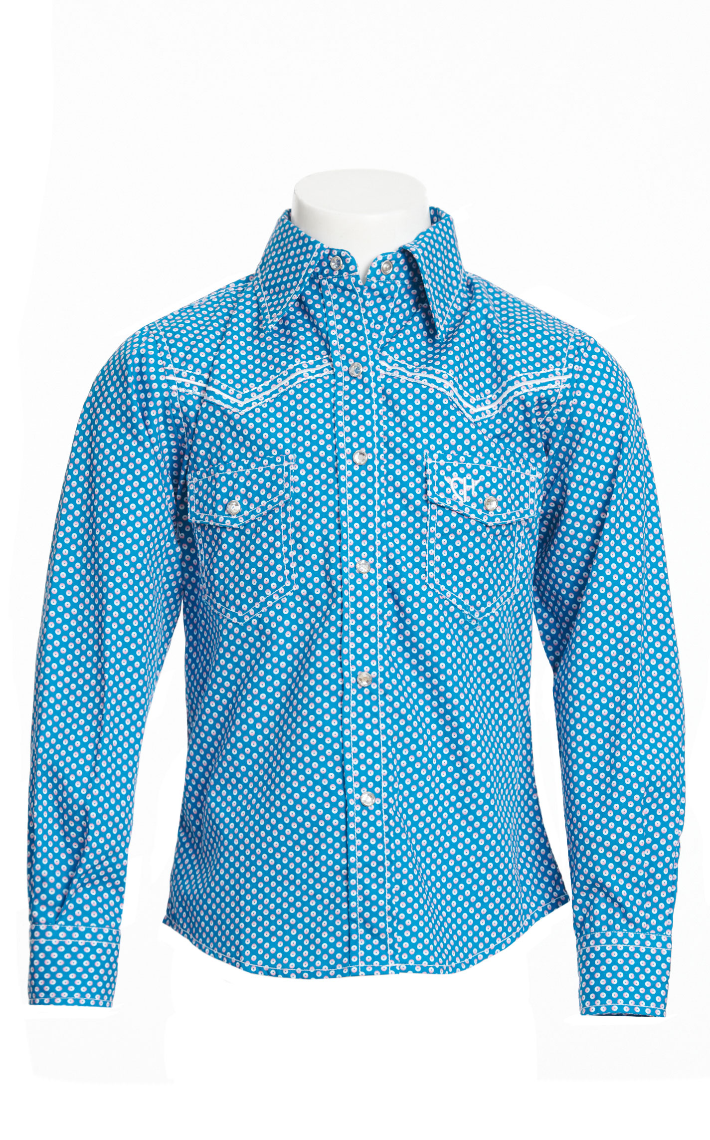 Cowgirl Hardware Girl's Aegean Blue White & Pink Doughnut Print Long Sleeve Western Shirt - Image 1