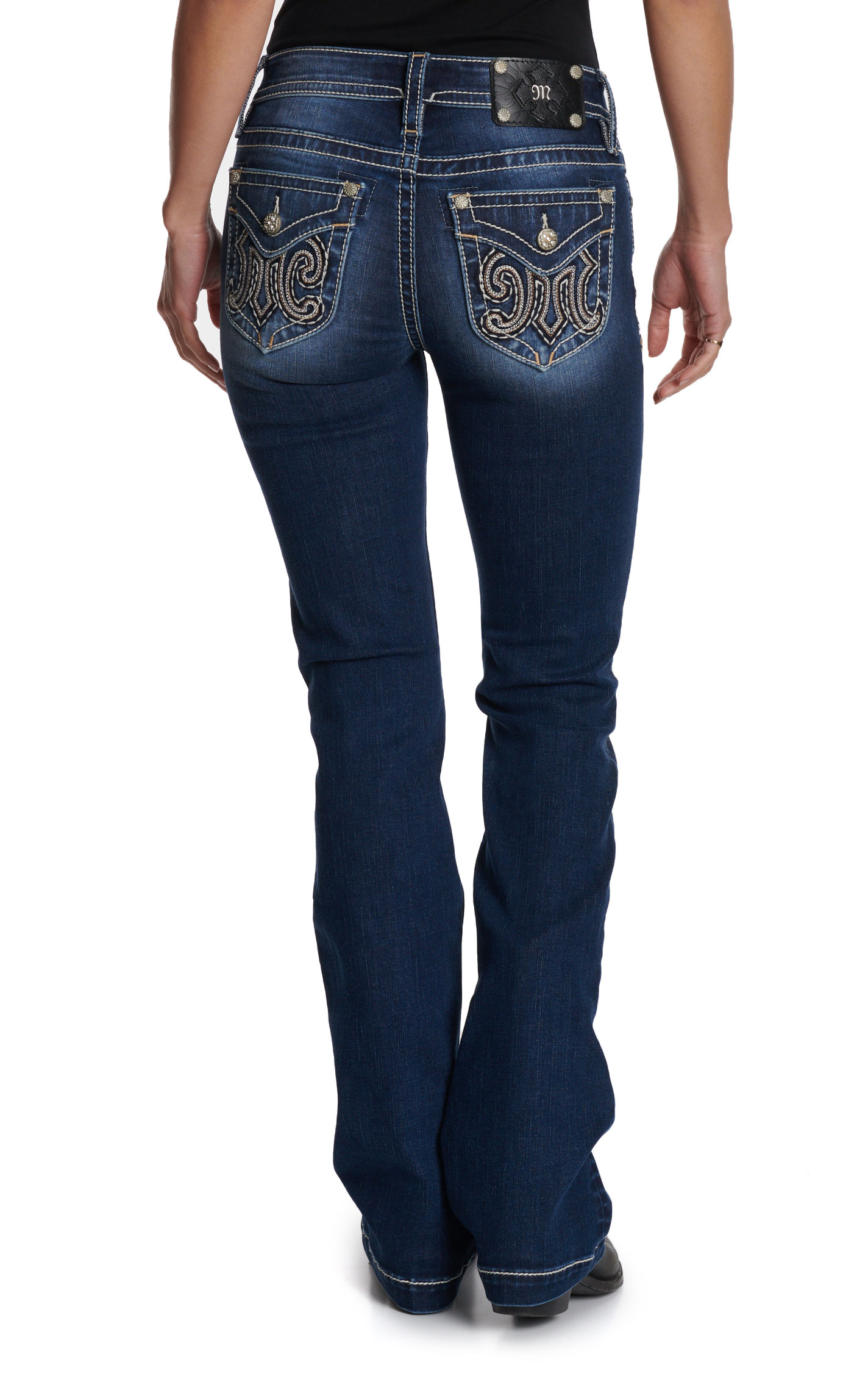 Miss Me Women’s Dark Wash Signature ‘M’ Flap Pocket 34” Bootcut Jeans - Image 1