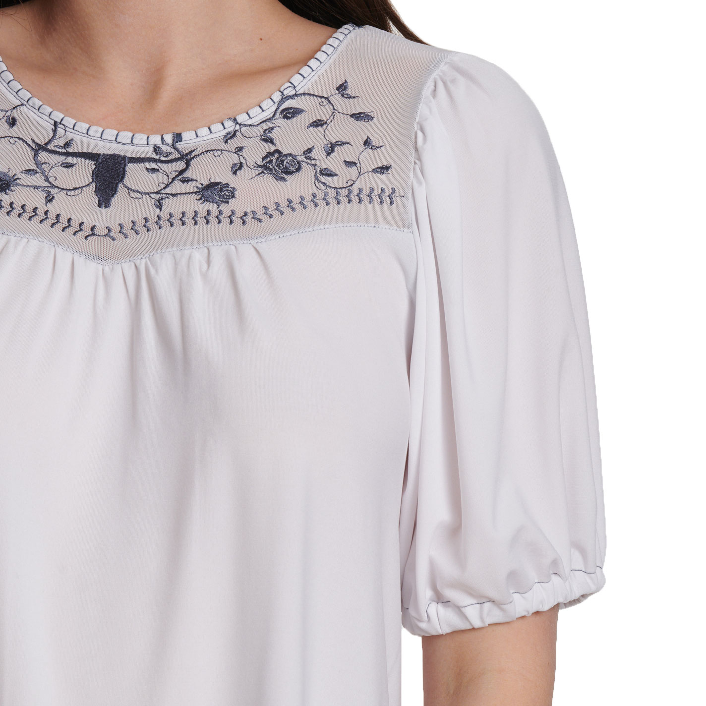 Cowgirl Hardware Women’s White Steer & Rose Embroidered Mesh Yoke Top - Image 1