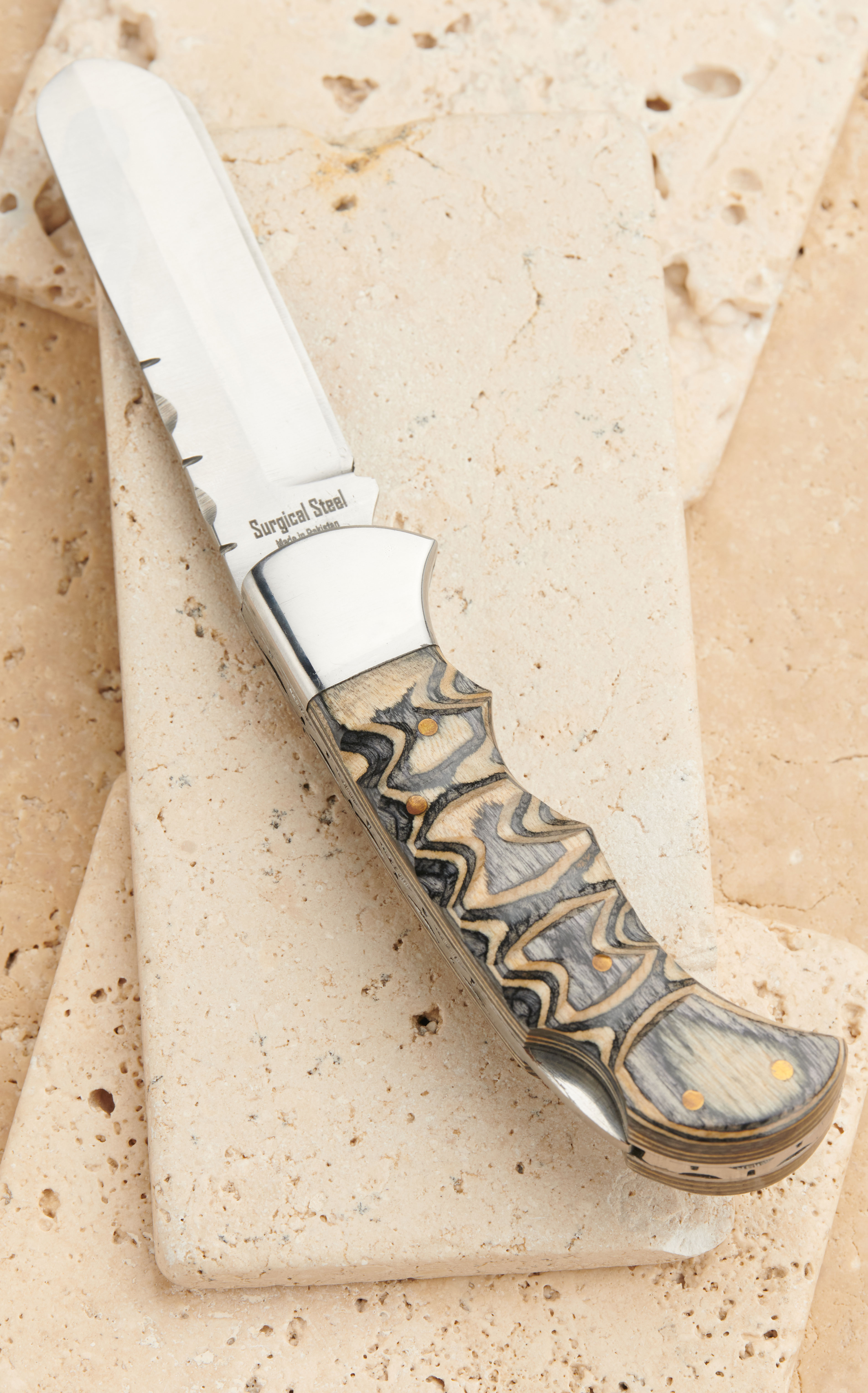 Circle SH Cutlery Stainless Steel Blade with Black Pakka Wood Handle Lockback Knife and Sheath - Image 3