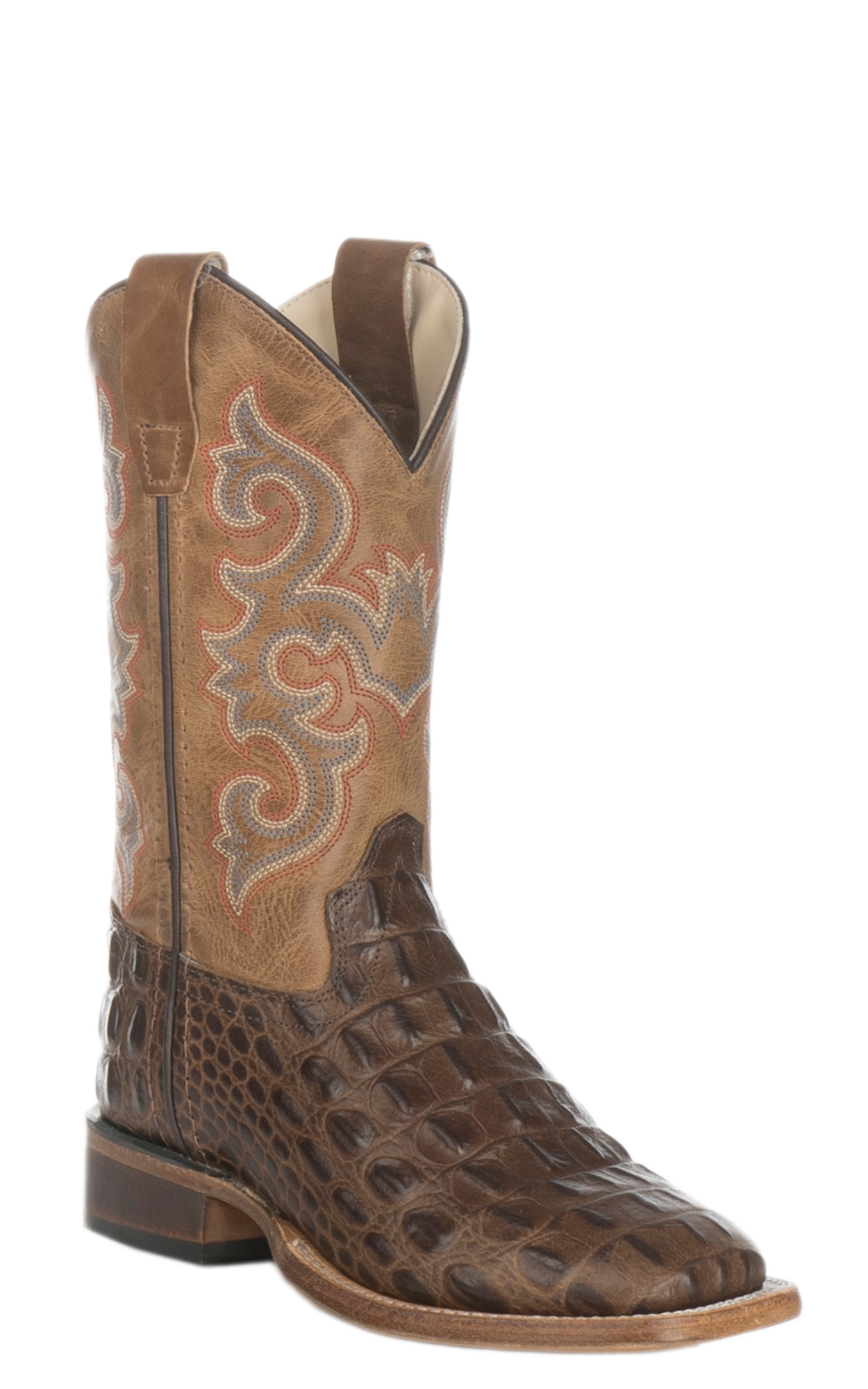 Old West Kids Chocolate Croc Print and Tan Cowboy Square Toe Boot - Image 1