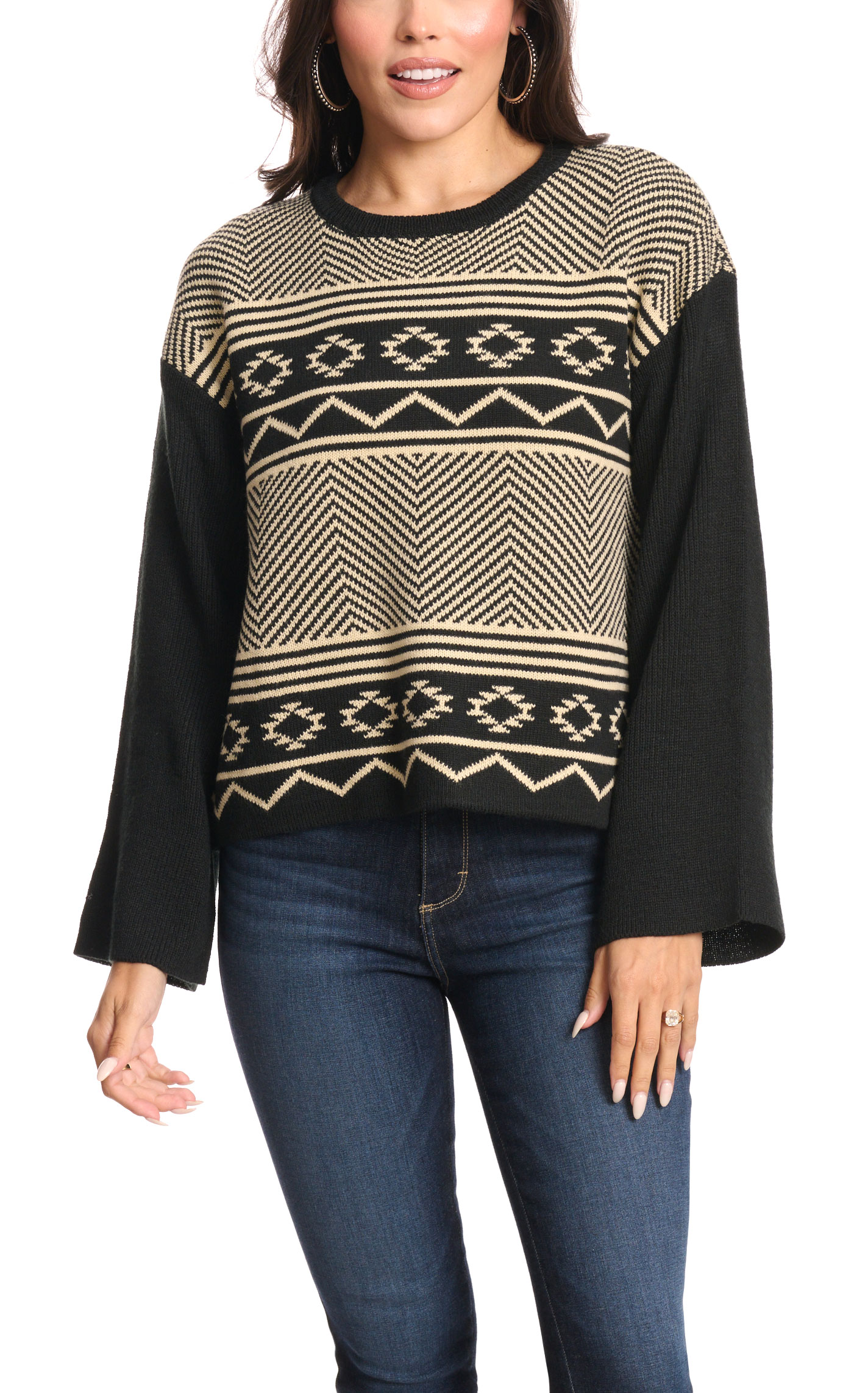 Magnolia Lane Women's Black & Cream Aztec Print Sweater Pullover - Image 1