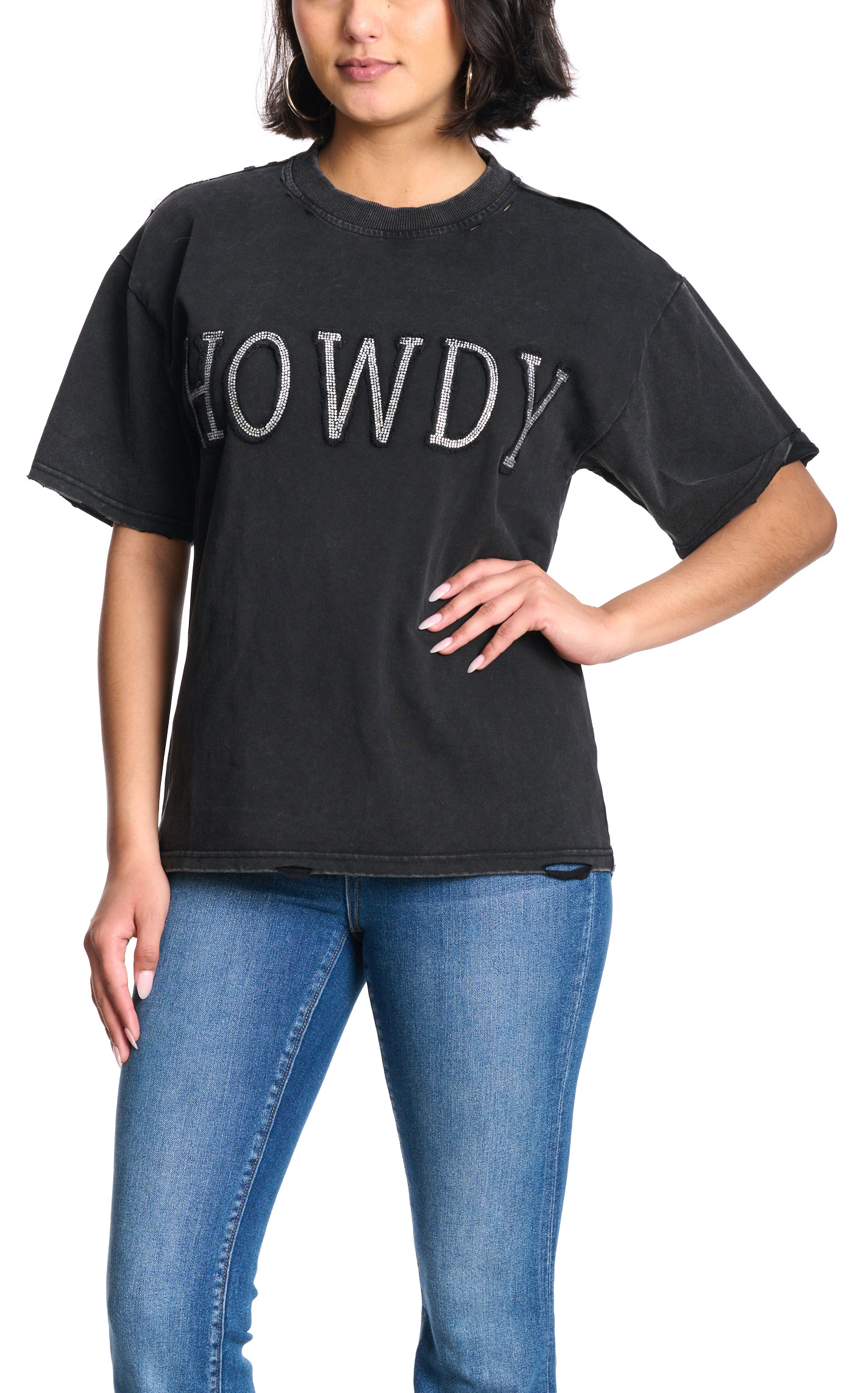 Blue B Women's Black Bling HOWDY Distressed Top - Image 1