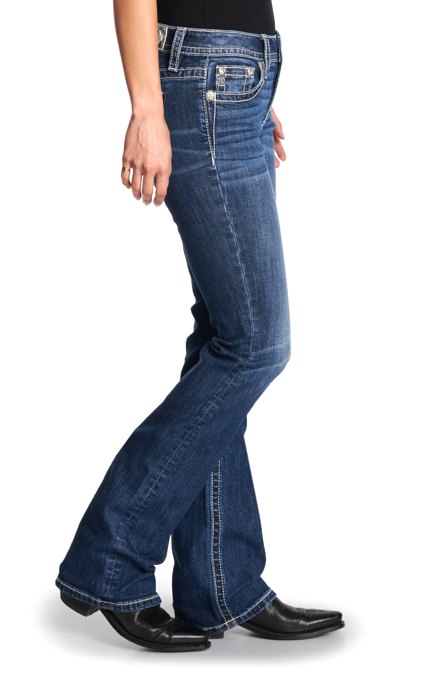 Miss Me Women’s Medium Wash Lace Longhorn Open Pocket 34” Bootcut Jeans - Image 1
