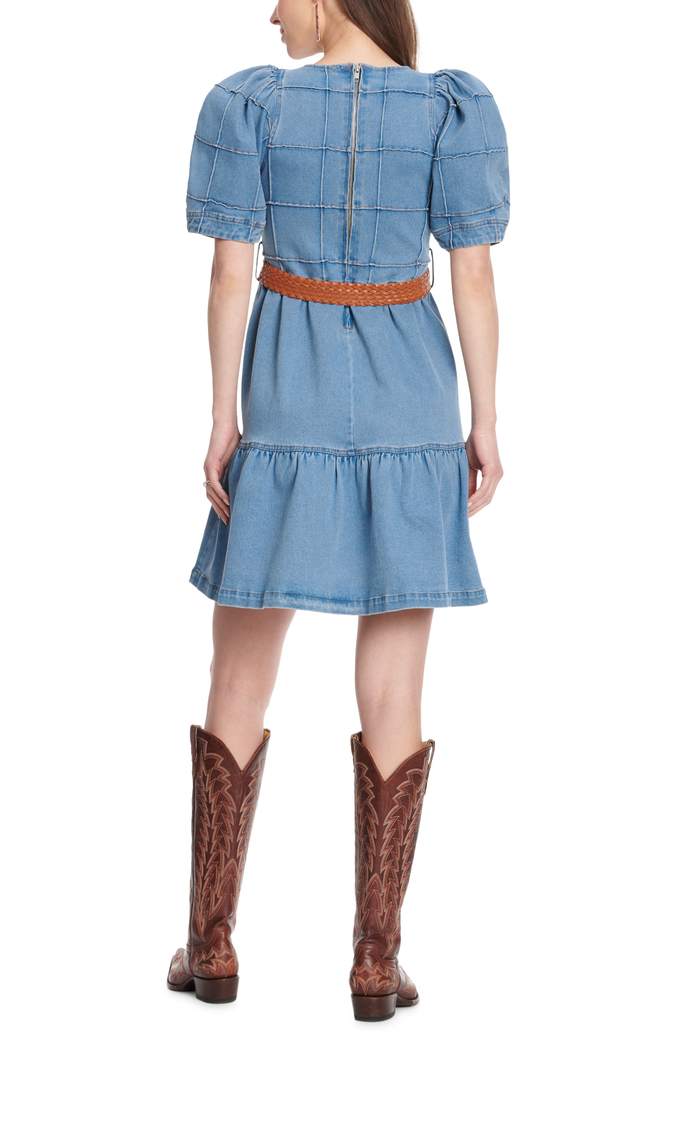 Rockin C Women's Light Wash Denim Short Puff Sleeve Squares & Ruffle Dress - Image 1