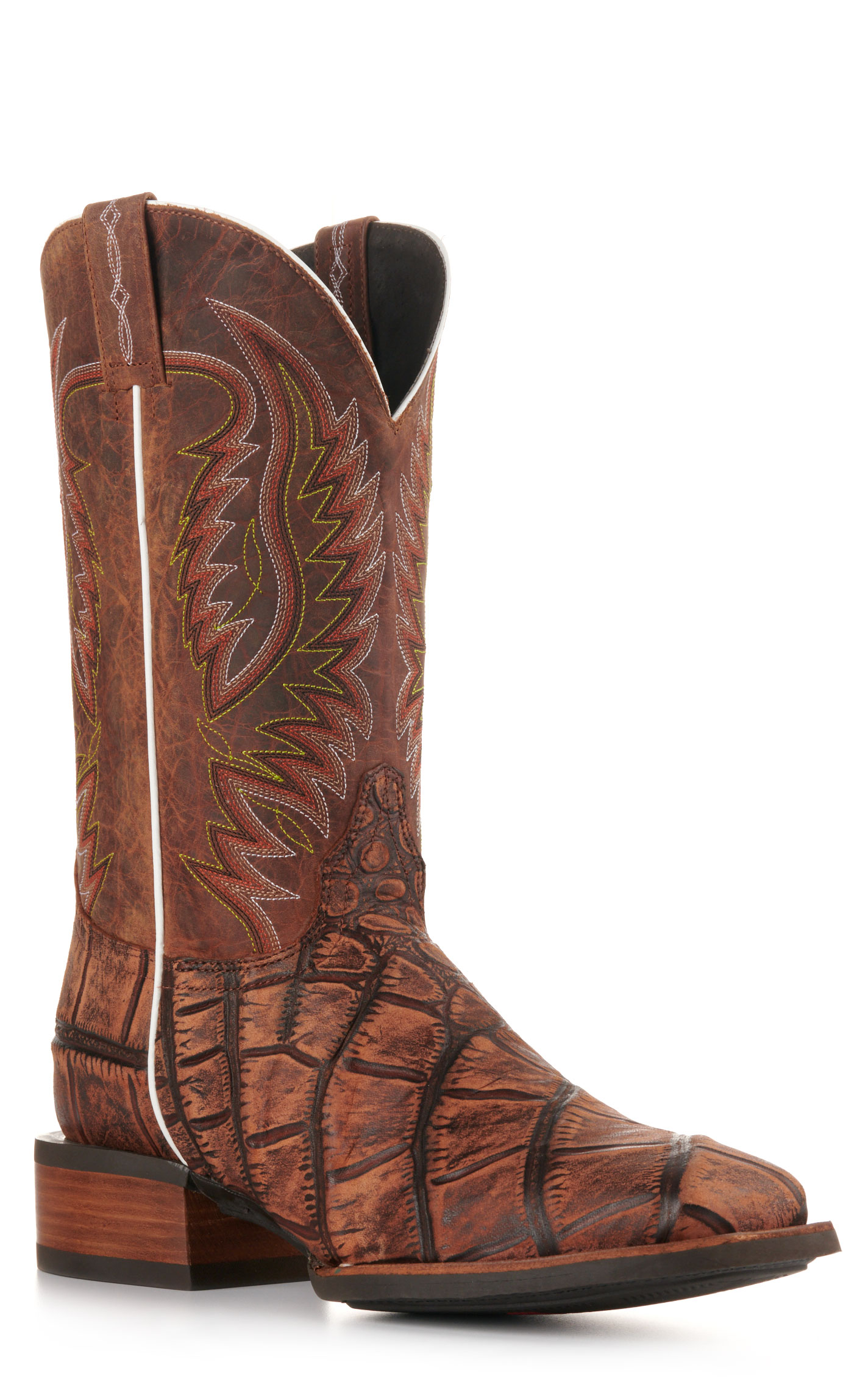 Cavender's Men's Intrepid Honey and Rustic Tan Alligator Print Wide Square Toe Cowboy Boot - Image 1