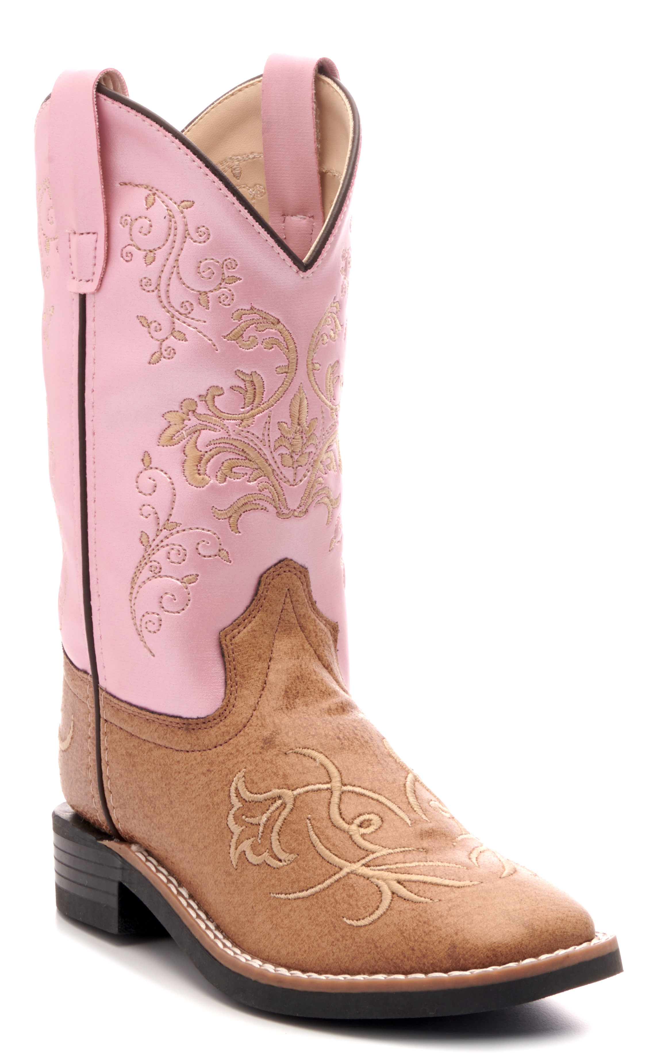 Old West Kids Tan and Pink Square Toe Cowboy Boots - Image 1
