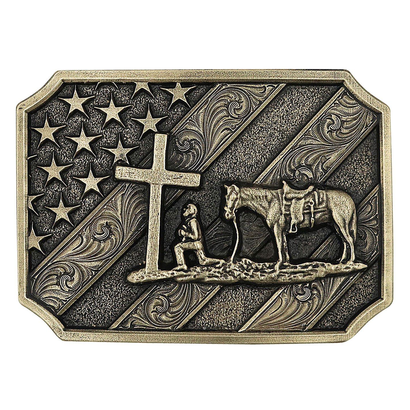 Montana Silversmiths Men's Brass Plate Patriot Christian Cowboy Attitude Belt Buckle - Image 1