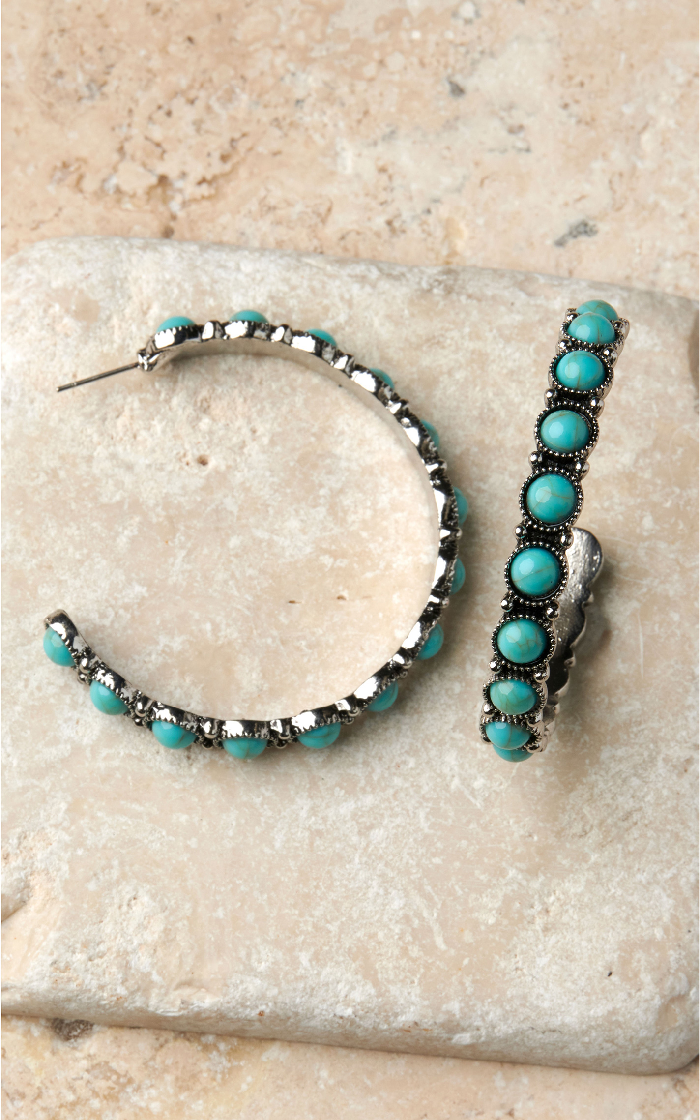 Rockin' C Women's Silver with Turquoise Stones Hoop Earrings - Image 1