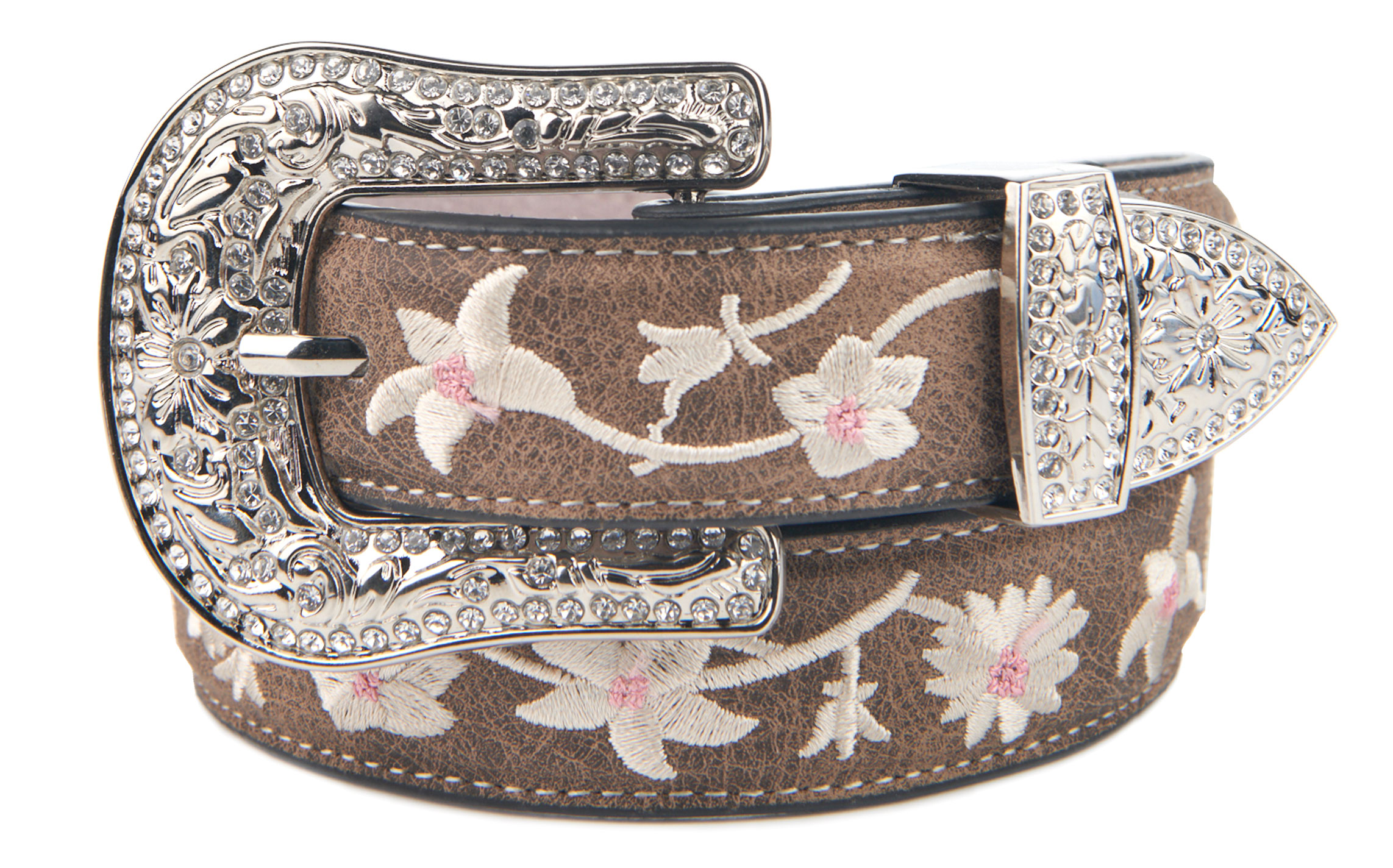 Angel Ranch Girl's Coffee Leather White & Pink Embroidered Flowers & Bling Buckle Western Belt - Image 1