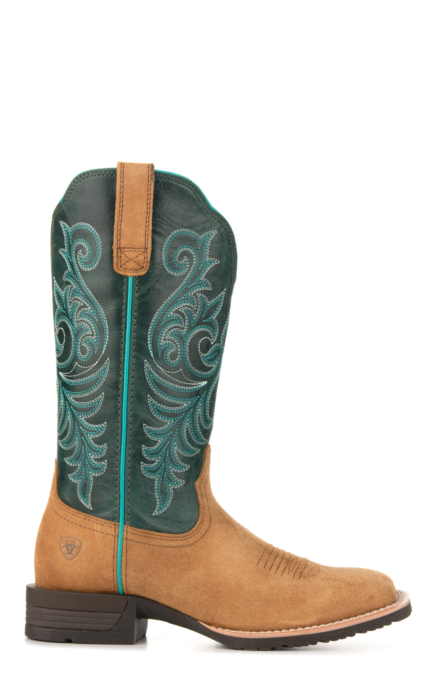 Ariat Women's Hybrid Ranch Time Acorn Tan Roughout and Teal Wide Square Toe Cowboy Boots - Image 1