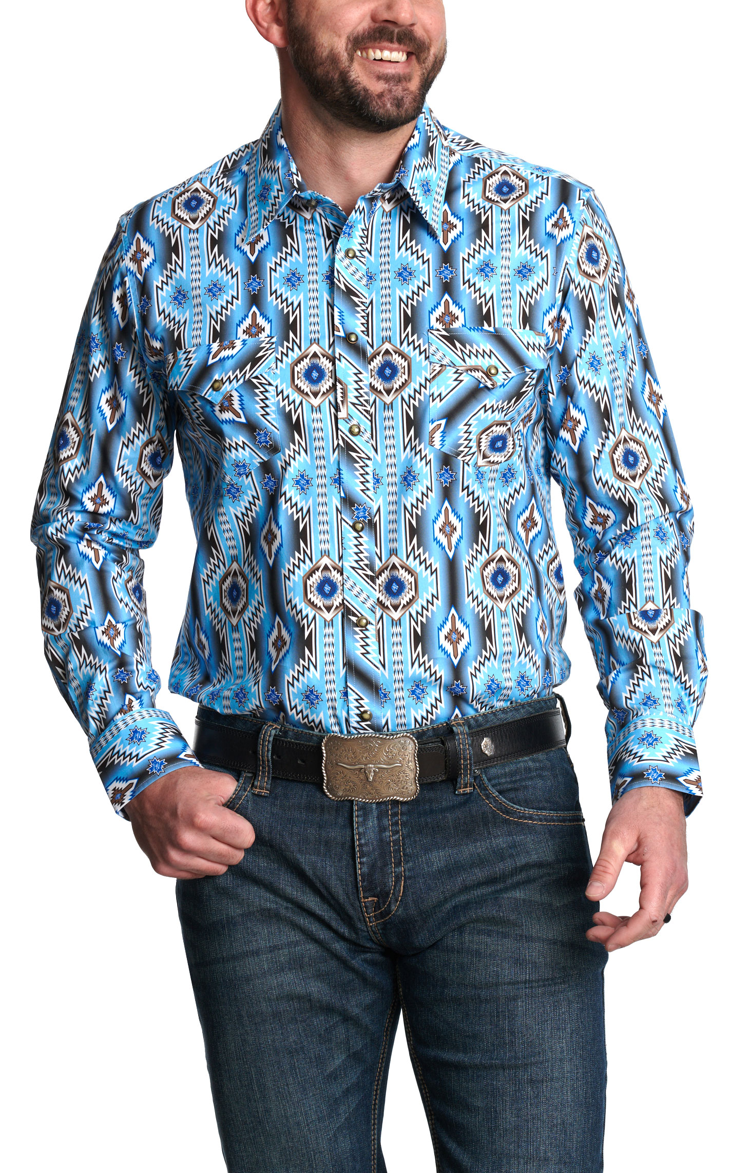 Panhandle Men’s Blue Aztec Print Western Shirt - Image 1
