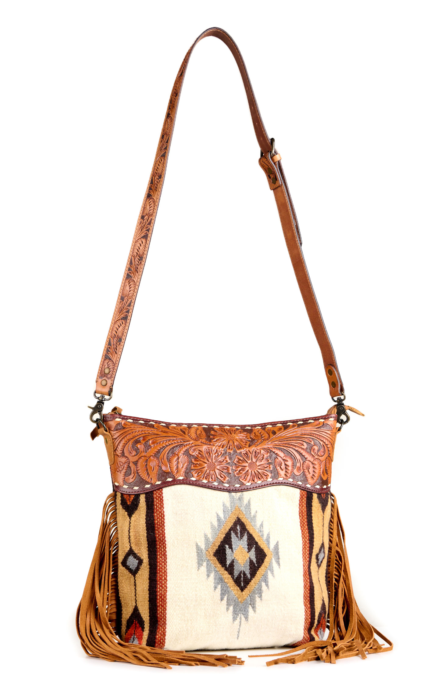 American Darling Colorful Fringed Aztec Blanket & Tooled Western Handbag - Image 1