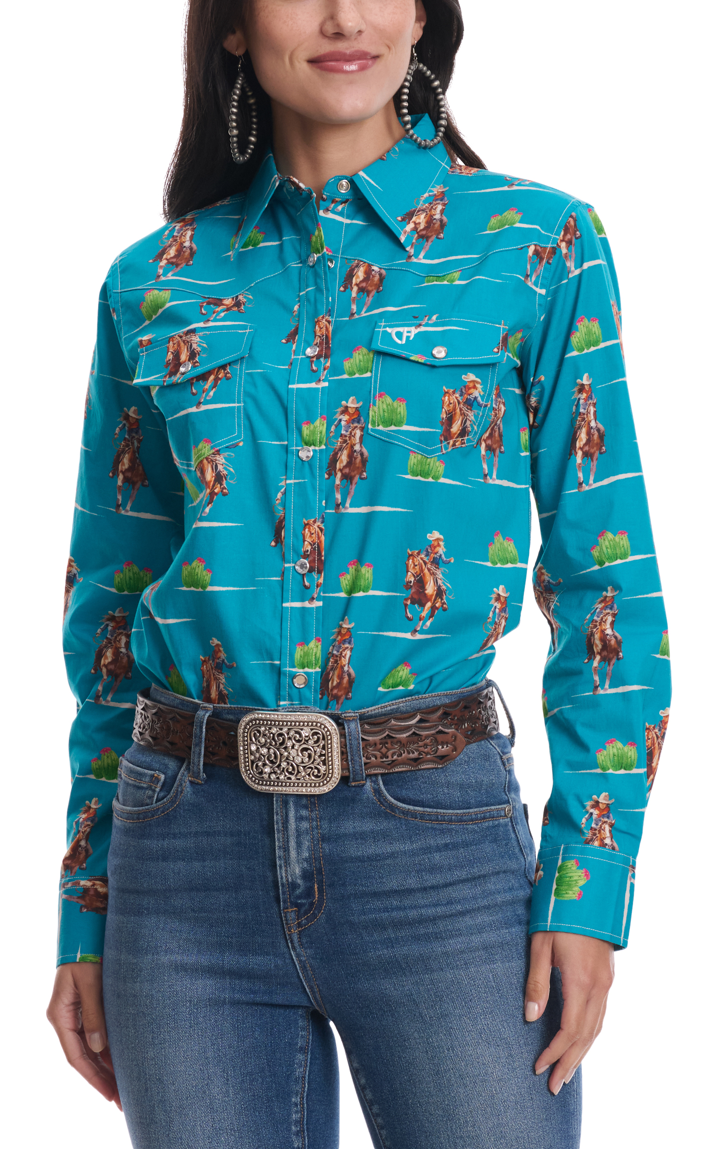 Cowgirl Hardware Women's Turquoise Cowgirls & Cactus Print Western Shirt   - Image 1