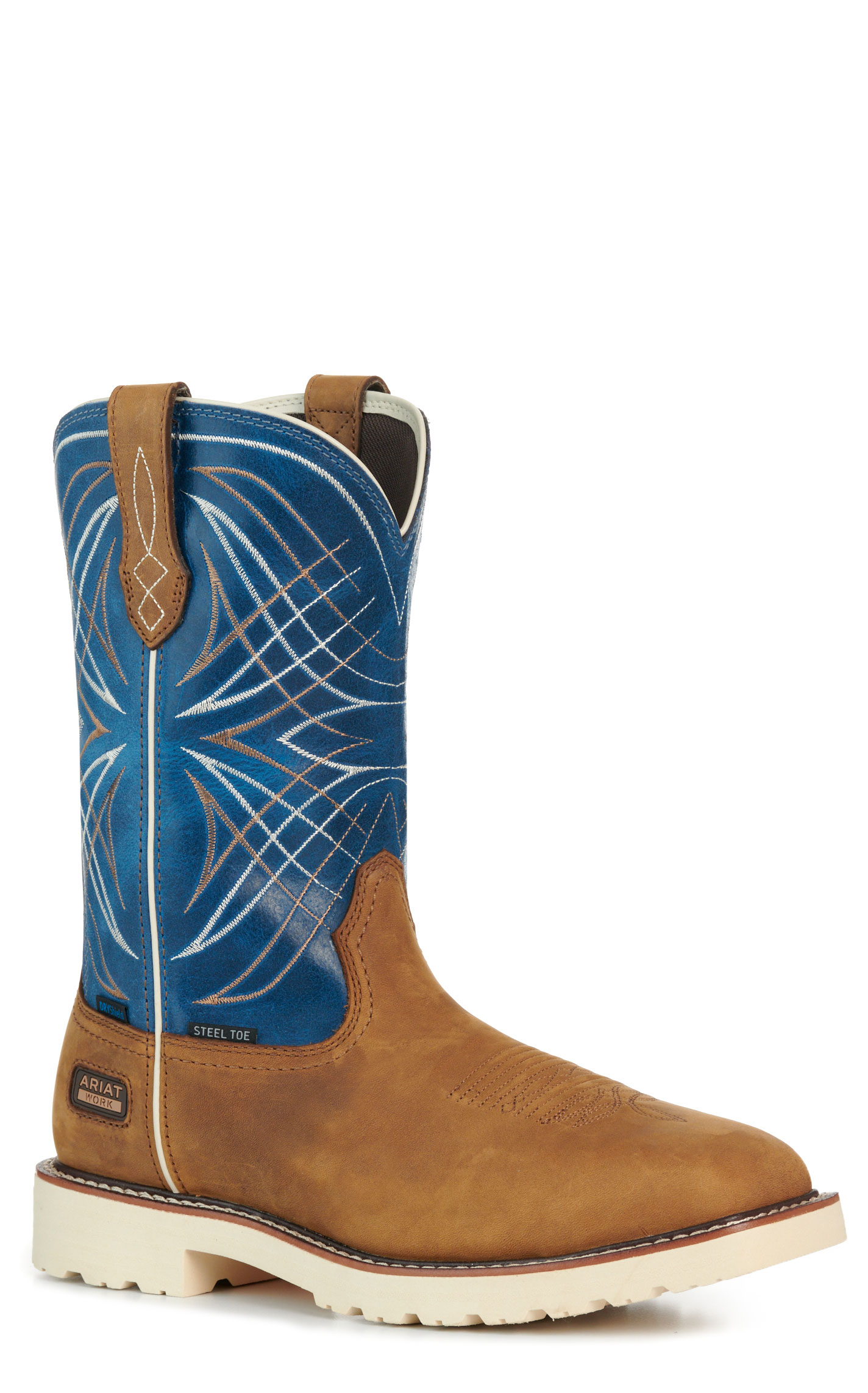 Ariat Men’s Activator Brown and Blue Waterproof Wide Square Steel Toe Work Boots - Image 1