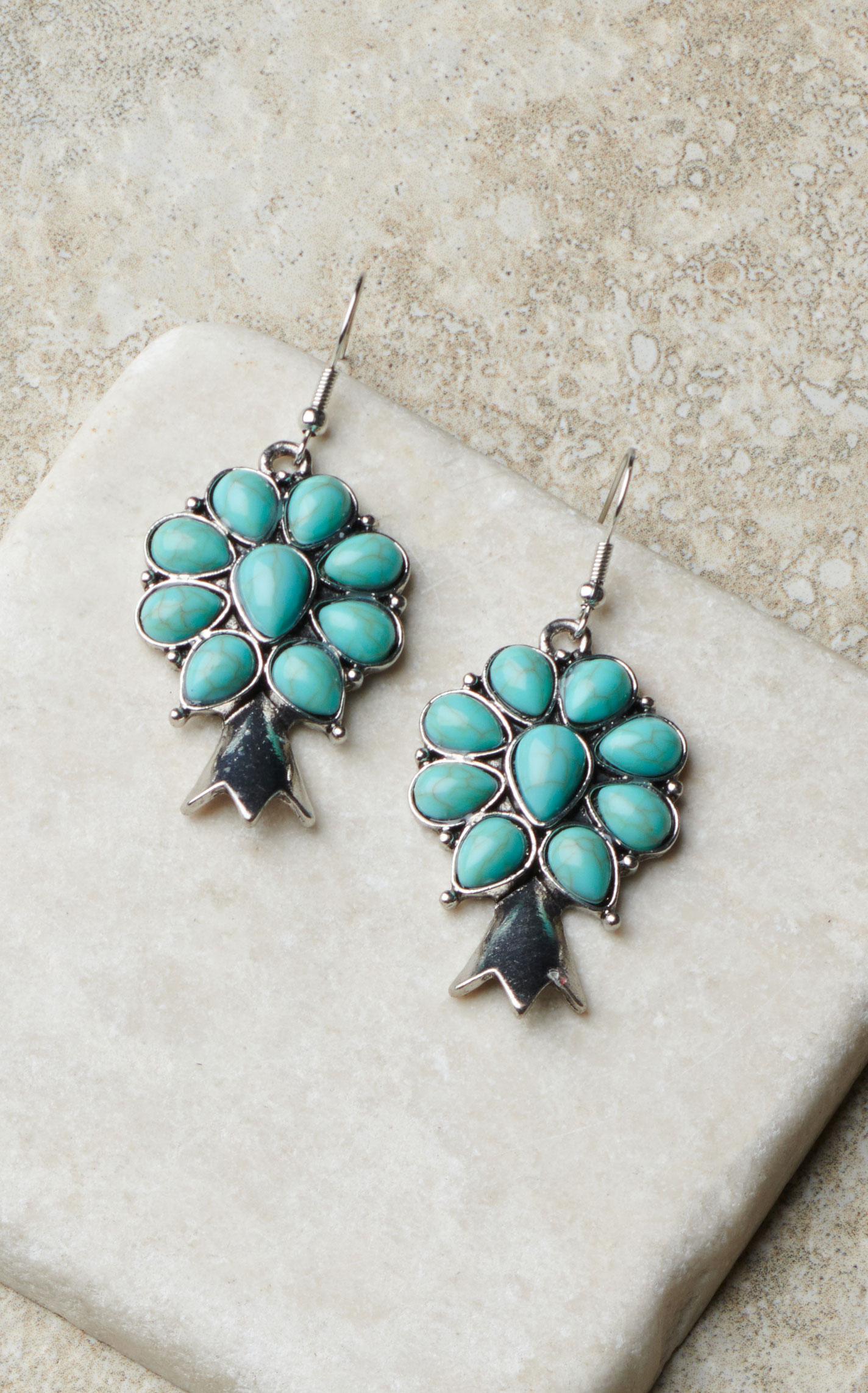 Rockin C Silver & Turquoise Teardrop Stone Squash Blossom Jewelry Set - Image 1