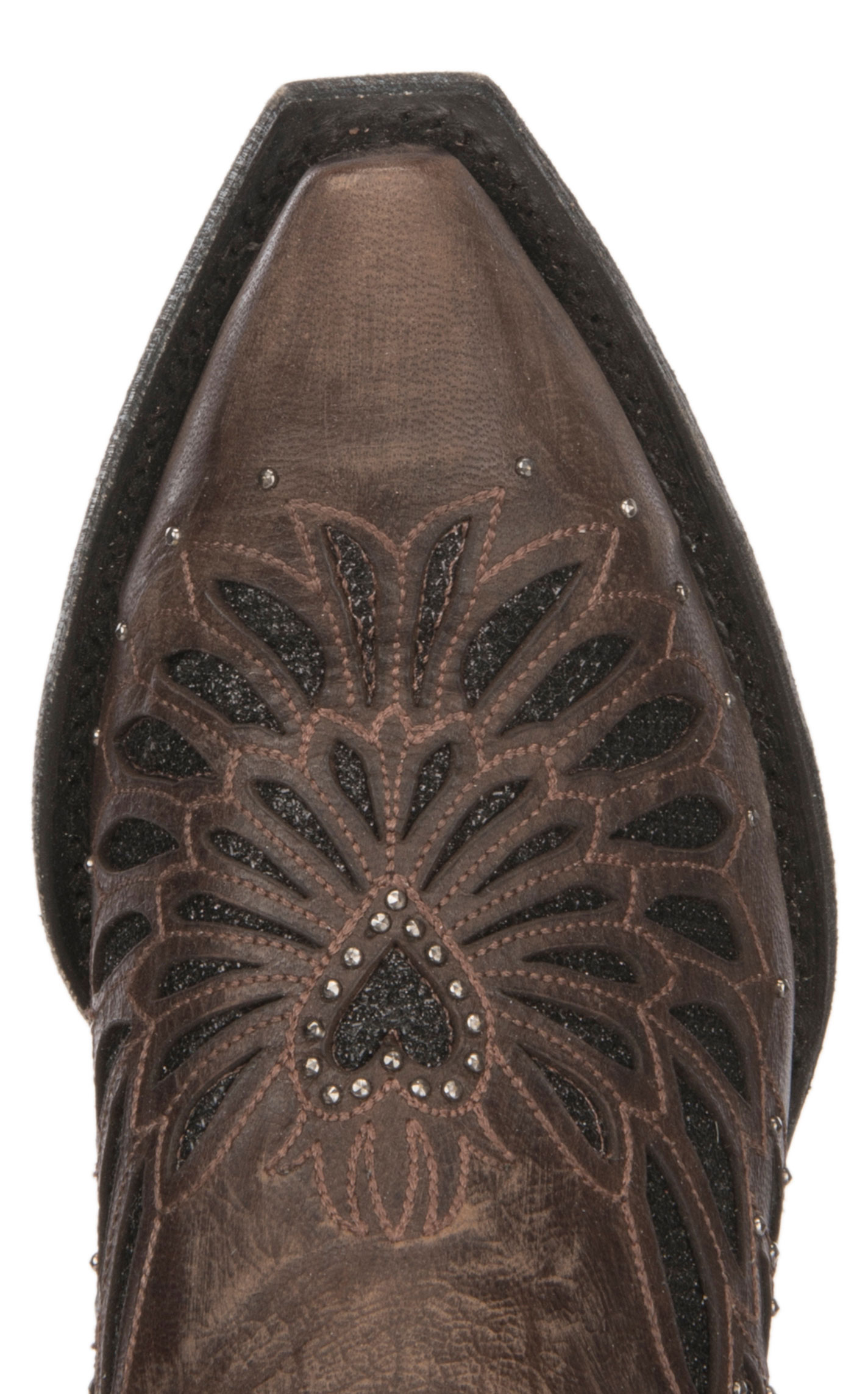 Cavender’s Women’s Chocolate Leather with Black Crystal Inlay Snip Toe Cowboy Boots - Image 1