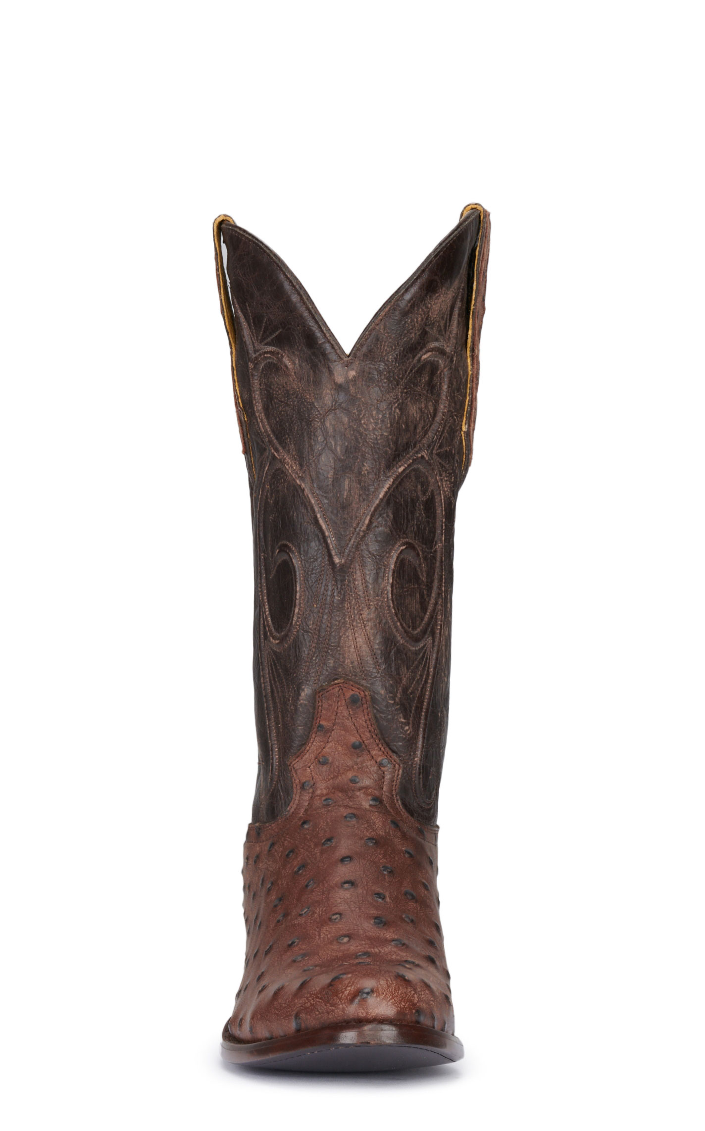 Cavender's Men's Chocolate and Brown Ostrich Print R-Toe Cowboy Boots - Image 1