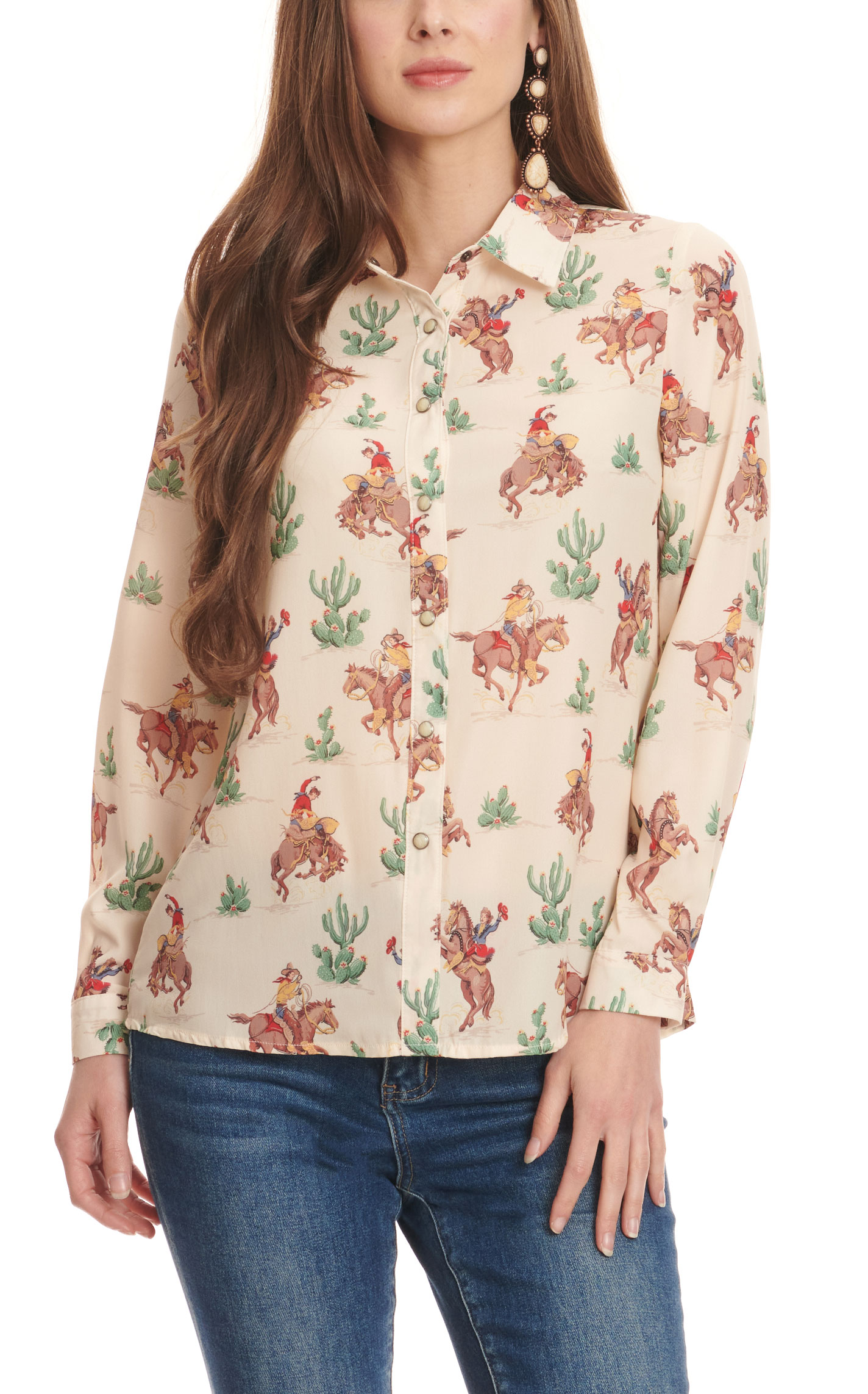 Fashion Express Women's Pale Yellow Bronc Rider and Cactus Print Long Sleeve Western Shirt - Image 1