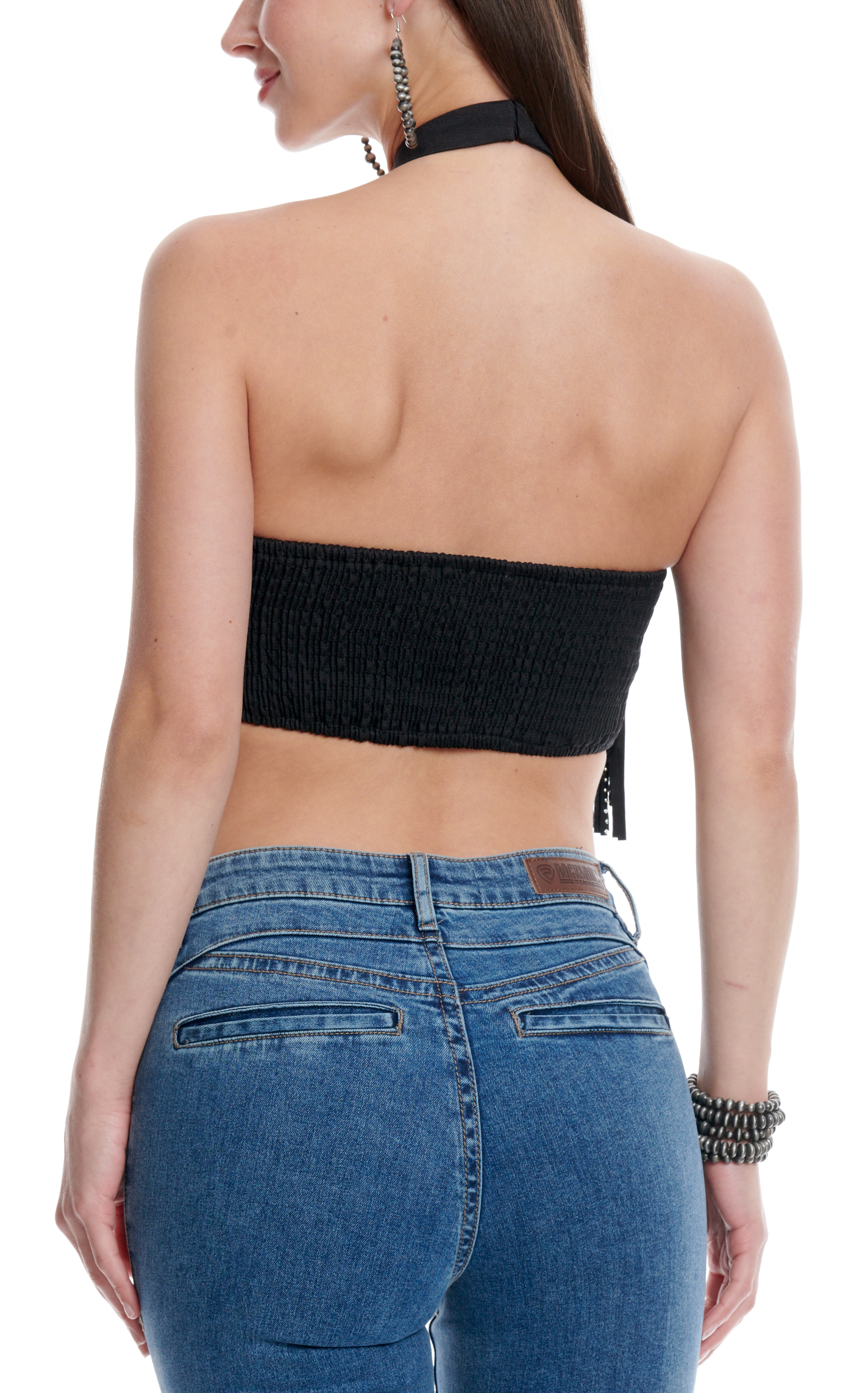 Mainstrip Women's Black Faux Suede Fringe Halter Top - Image 1