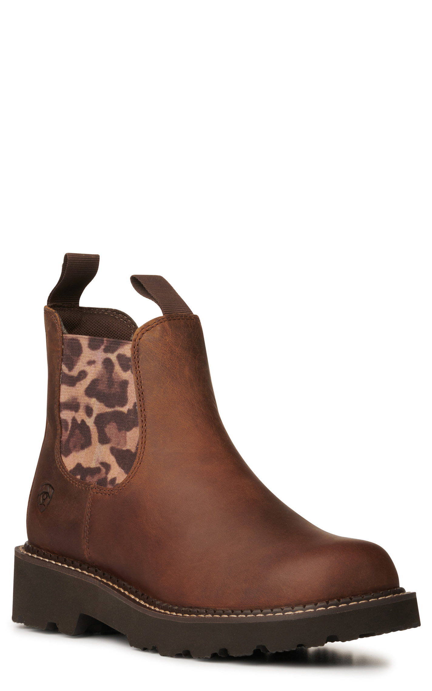 Ariat Women's Fatbaby Twin Gore Tan and Leopard Round Toe Chelsea Boots - Image 1