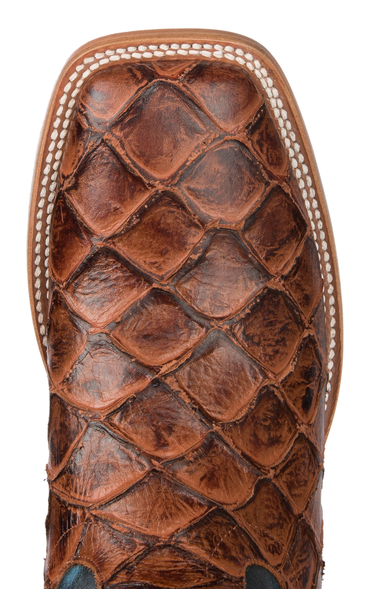 Anderson Bean Men's Horse Power Cognac Fish Print and Blue Double Welt Wide Square Toe Cowboy Boots - Image 1