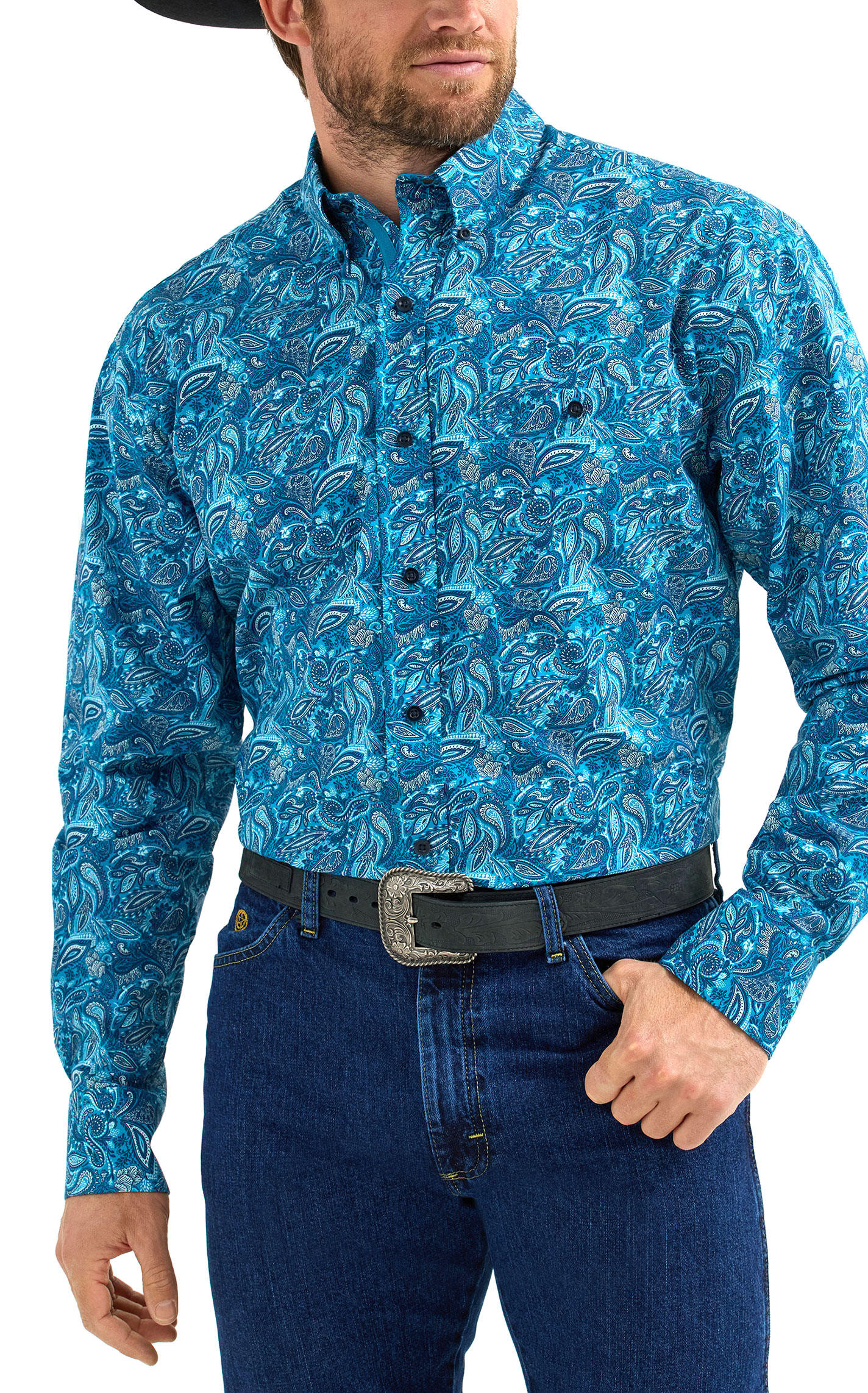 Wrangler Men's George Strait Collection Teal Paisley Western Shirt - Image 1