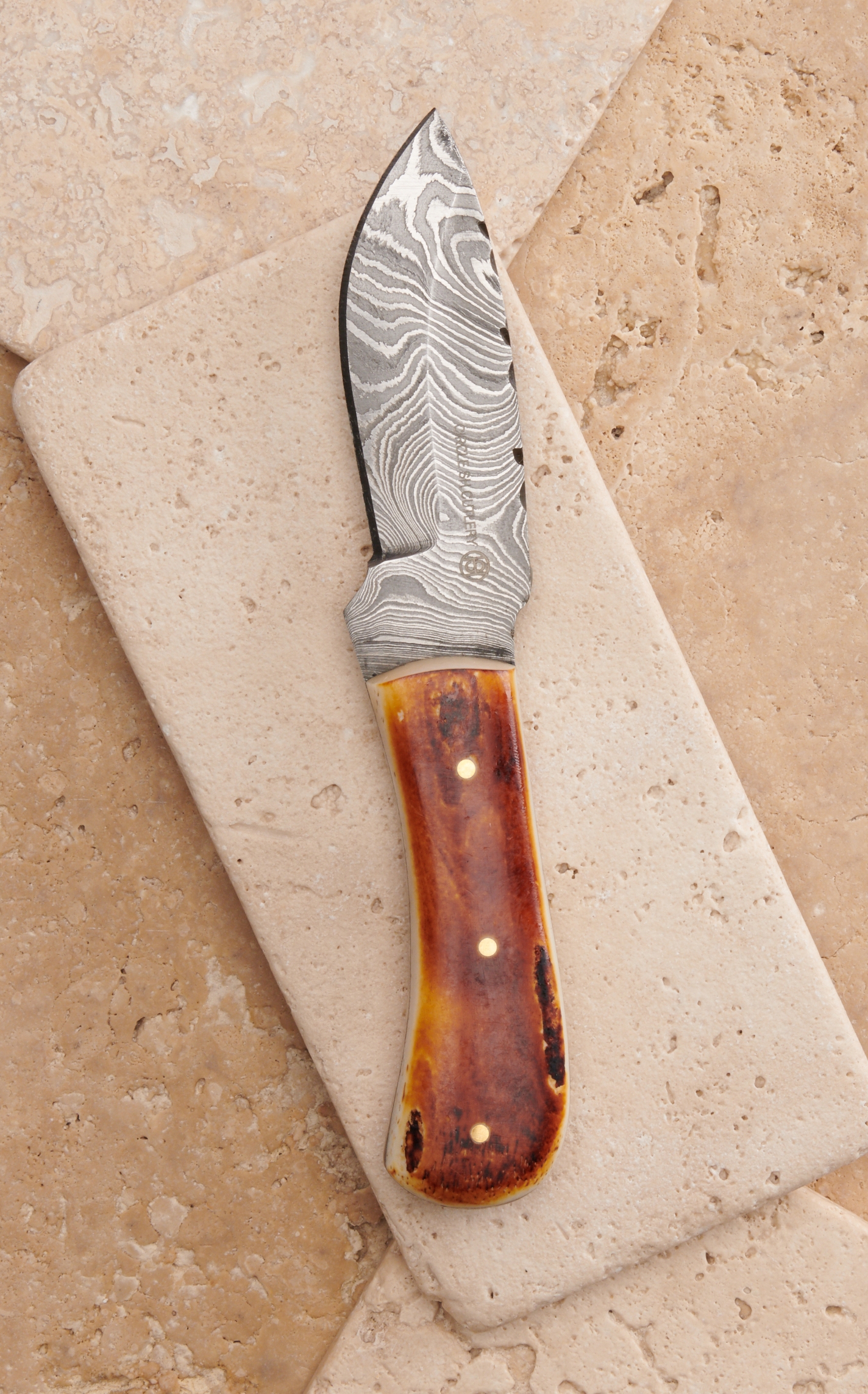 Circle SH Cutlery Damascus Blade and Burnt Bone Handle Knife with Leather Sheath - Image 1