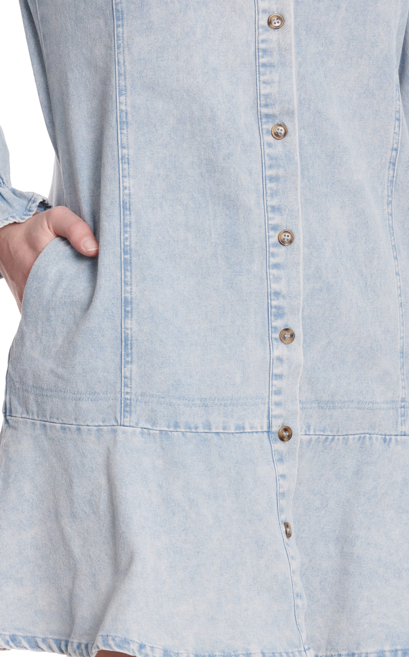 Newbury Kustom Women's Light Wash Denim Smocked Yoke Long Puff Sleeve Dress - Image 1
