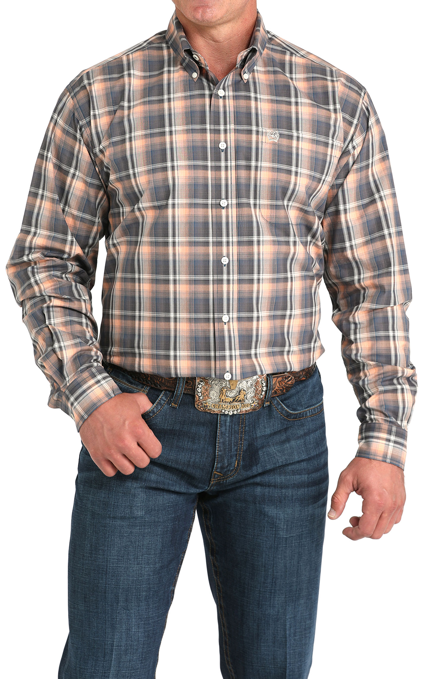 Cinch Men's Orange & Gray Plaid Western Shirt - Image 1