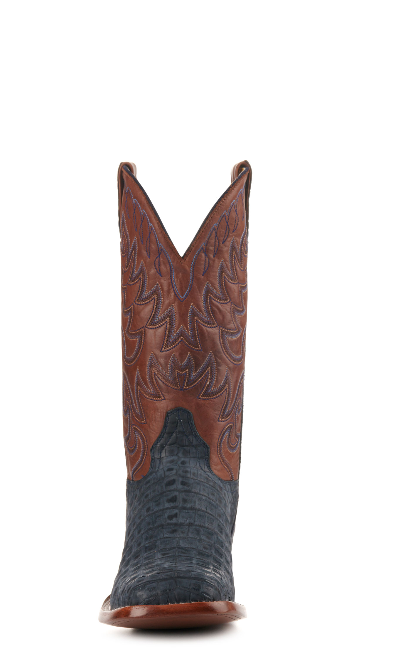 Cavender's Men's Brown and Blue Sueded Caiman Wide Square Toe Exotic Cowboy Boots - Image 1