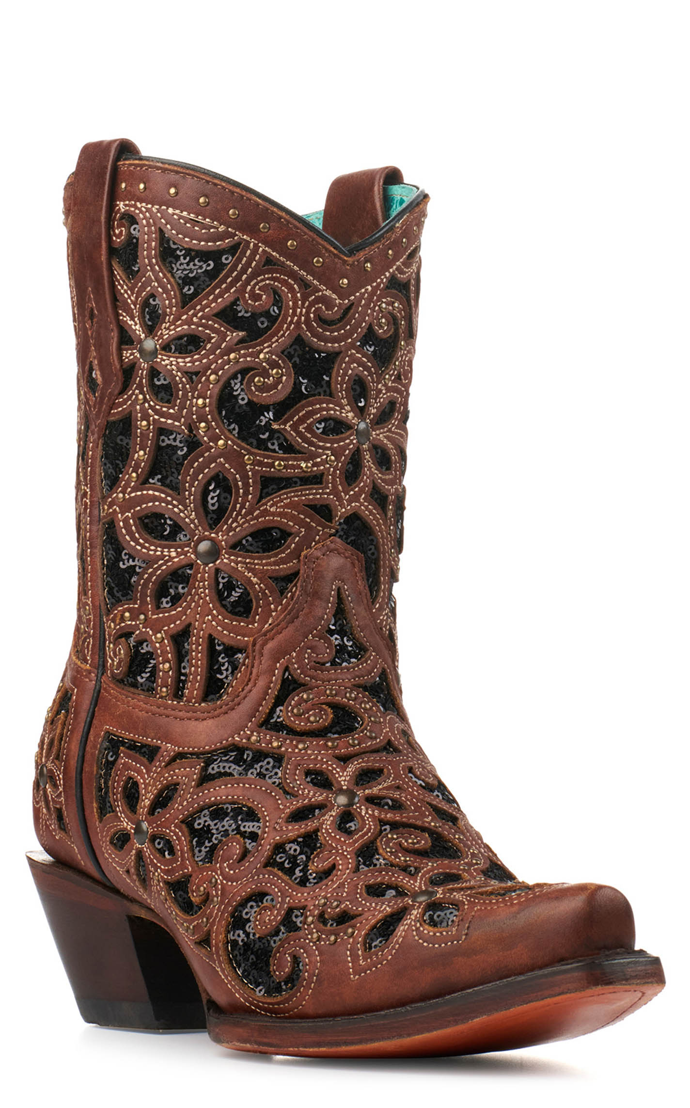 Corral Women's Brown with Black Glitter Inlay Snip Toe Cowboy Booties - Image 1