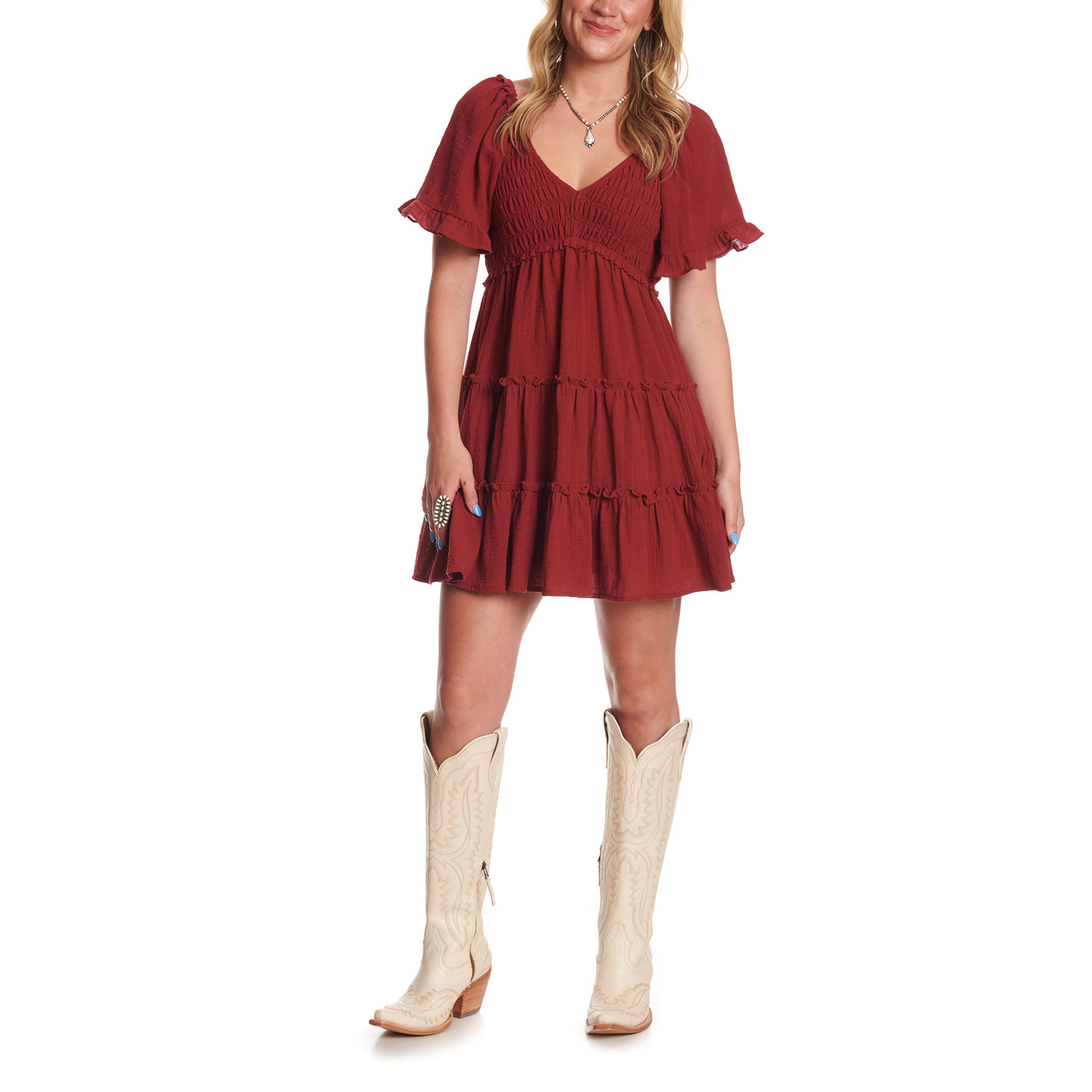 Yura Women's Wine Tiered Ruffle Dress - Image 1