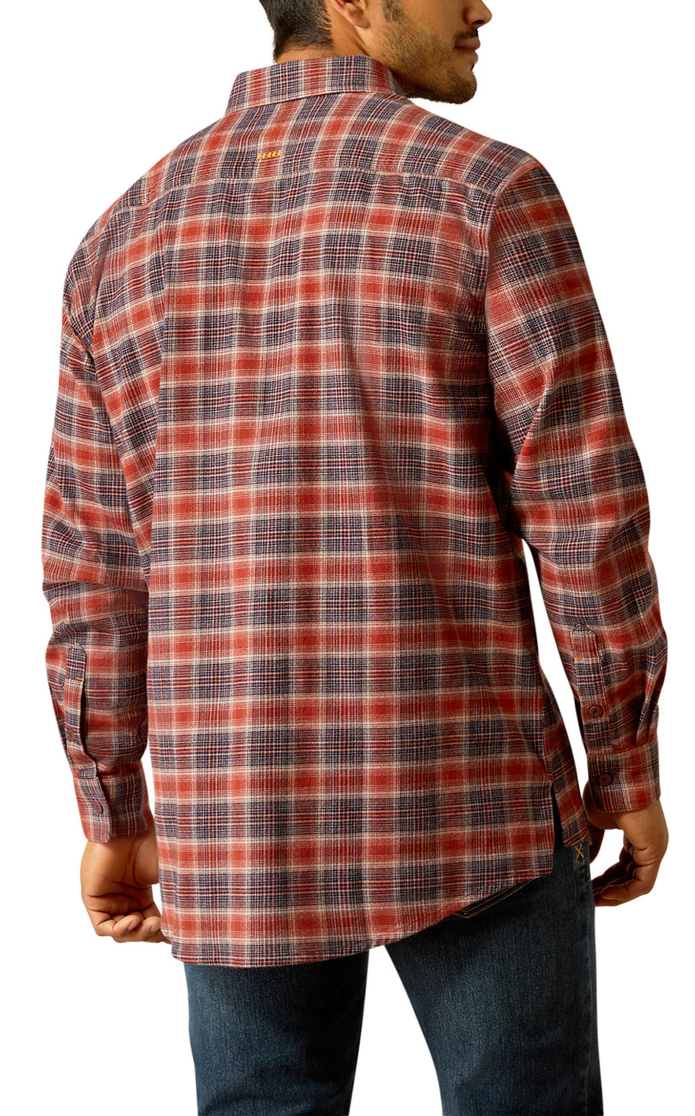 Ariat Men's Rebar Navy & Cranberry Plaid DuraStretch Flannel Work Shirt - Image 1
