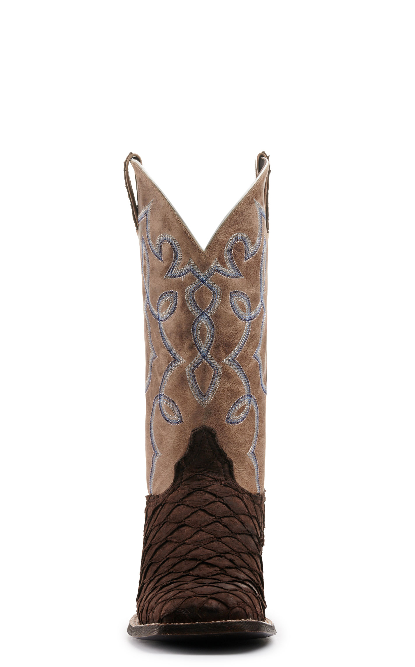 Cavender's Men's Chocolate Pirarucu and Orix Tan Cowhide Wide Square Toe Exotic Cowboy Boots - Image 1