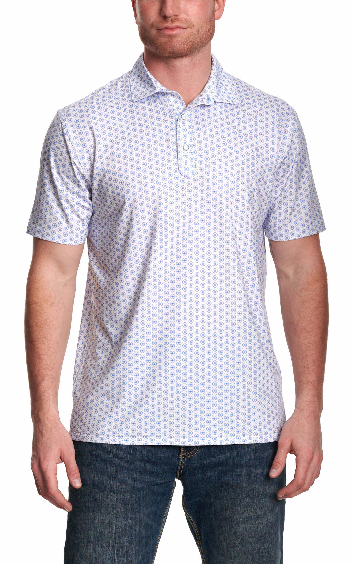Rafter C Men’s White & Light Blue Medallion Print Polo Shirt - Image 1