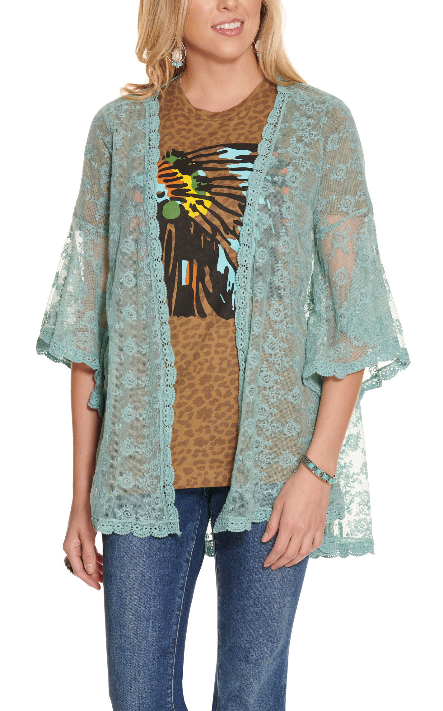 Magnolia Lane Women's Blue Sage Lace Bell Sleeve Kimono - Image 1
