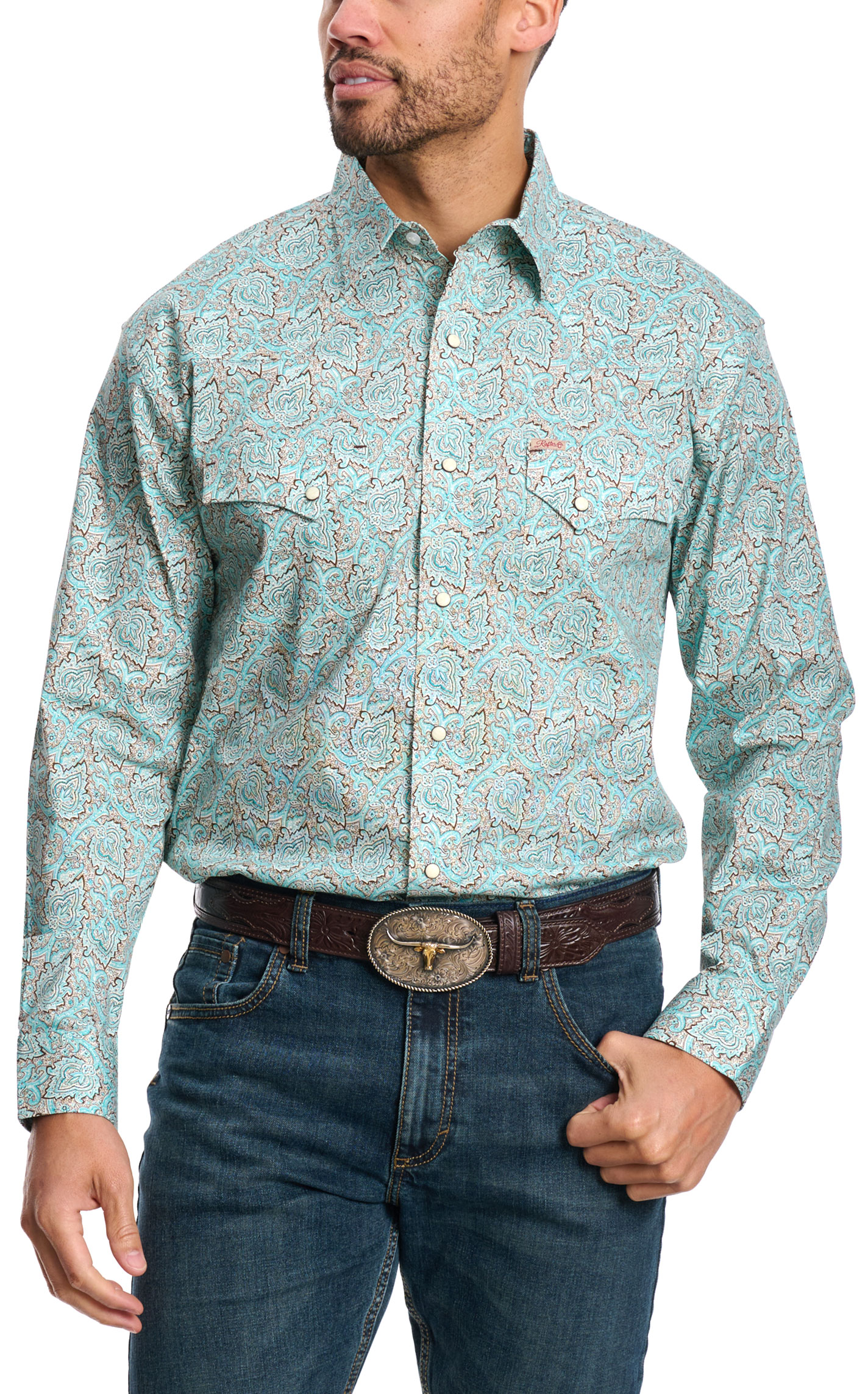 Rafter C Men's ProFlex45 Turquoise Paisley Western Shirt - Image 1