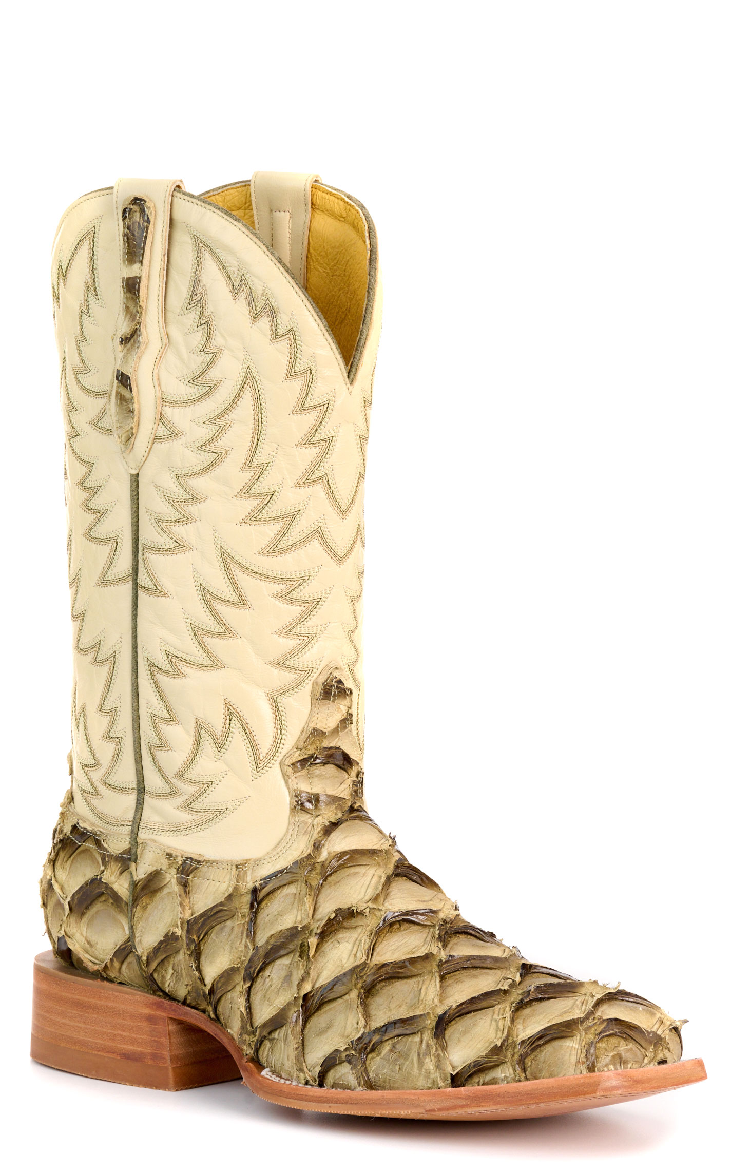 Cavender’s Men’s Slate Pirarucu and Bone Wide Square Toe Exotic Cowboy Boots - Image 1