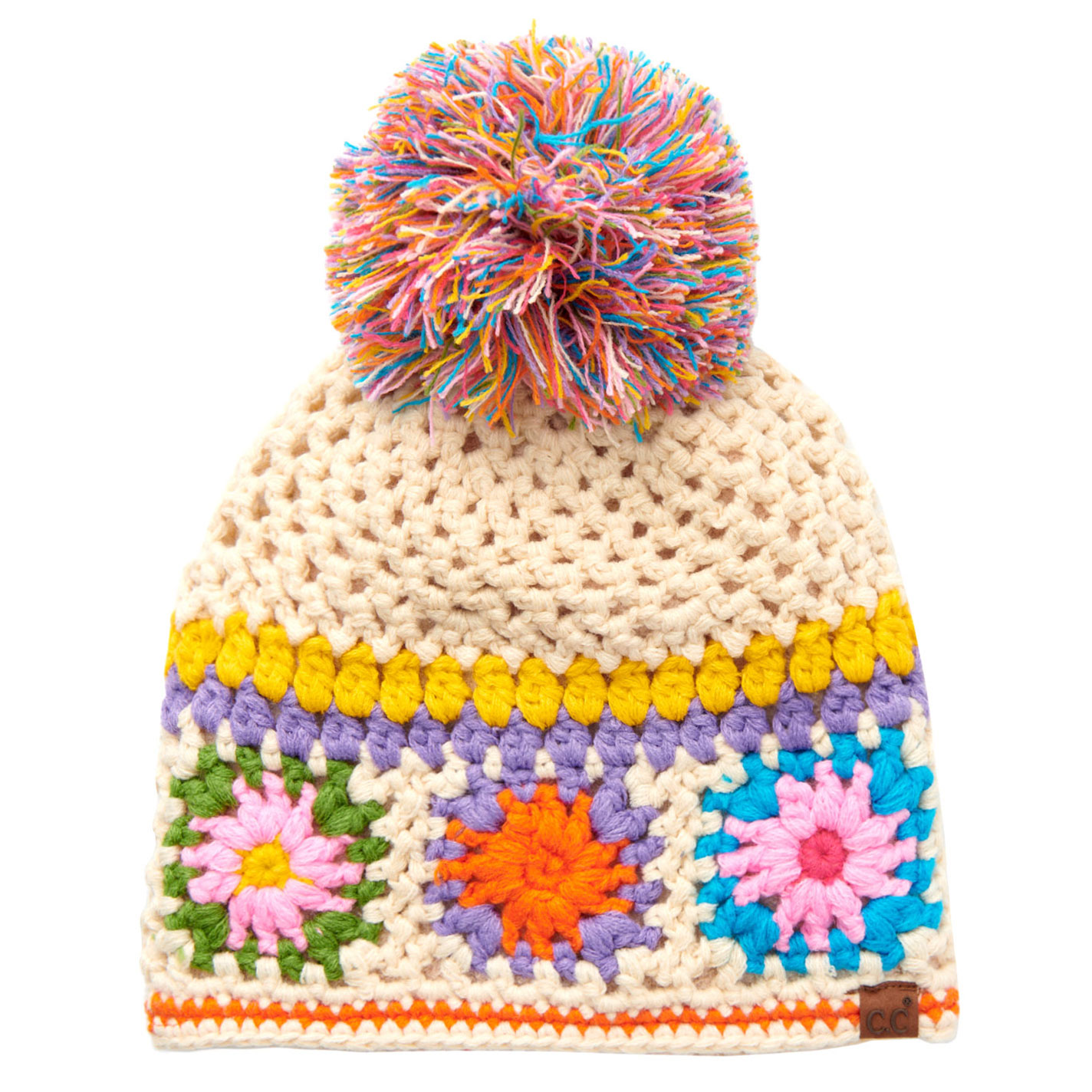Girlie Girl Latte & Flowers Pom-Pom Crochet Beanie - Image 1
