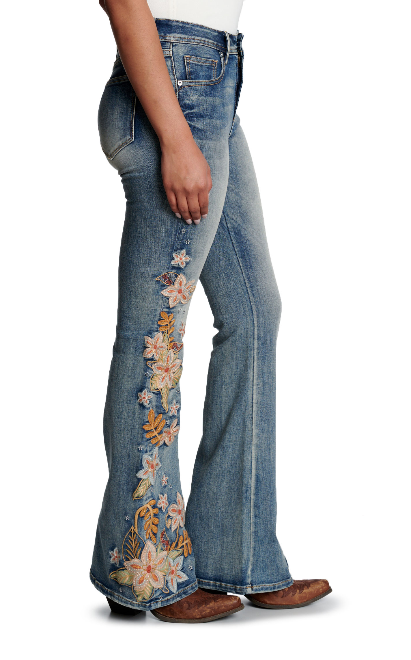 Grace In LA Women's Medium Blue Flare Cut Floral Embroidered Jeans - Image 1