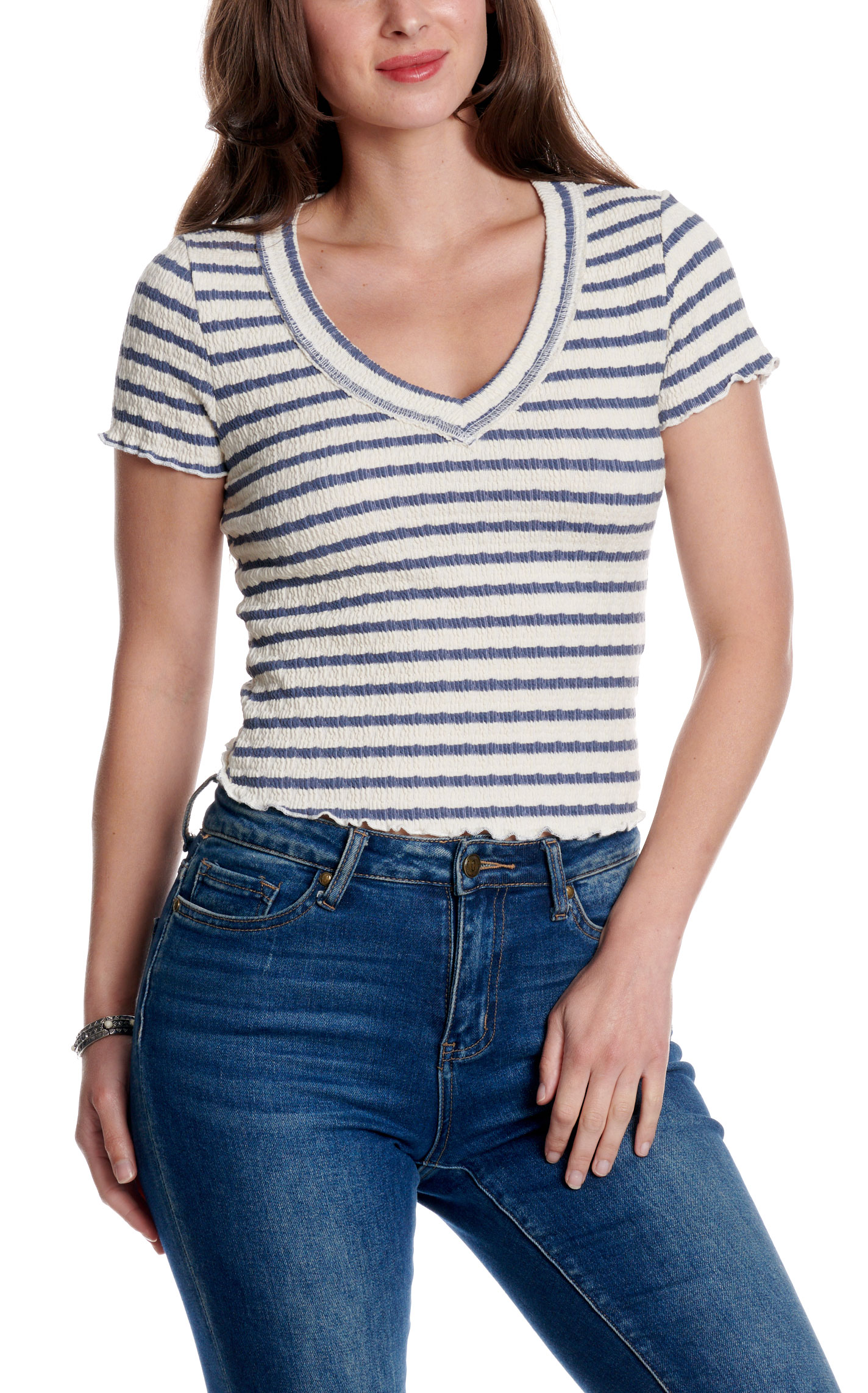Moa Moa Women's Cream & indigo Striped V-Neck Ruffle Hem Top - Image 1