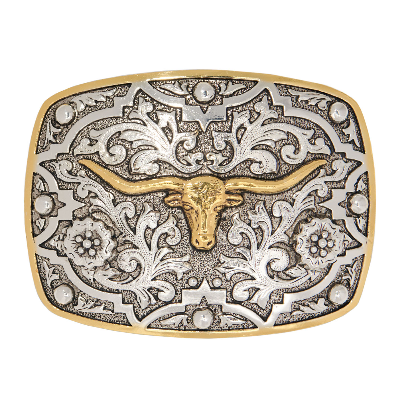 AndWest Silver & Gold Longhorn Etched Beaded Belt Buckle - Image 1