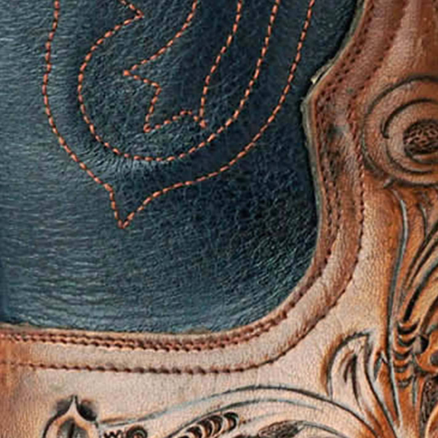 Black Jack Men's Mahogany Tan Hand Tooled and Navy Wide Square Toe Cowboy Boots - Image 1