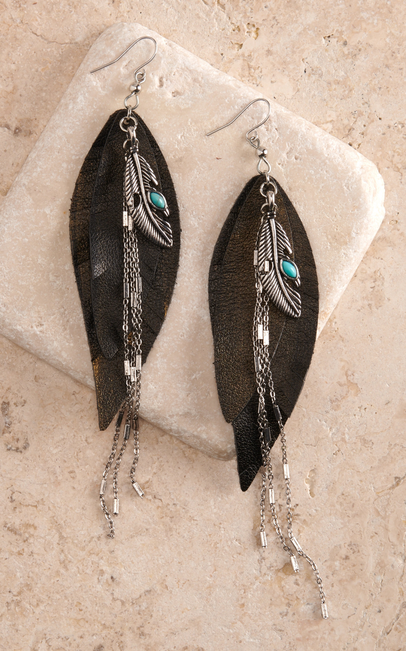 Cowgirl Confetti Serenity Copper Leather Feather and Chain Dangle Earrings - Image 1