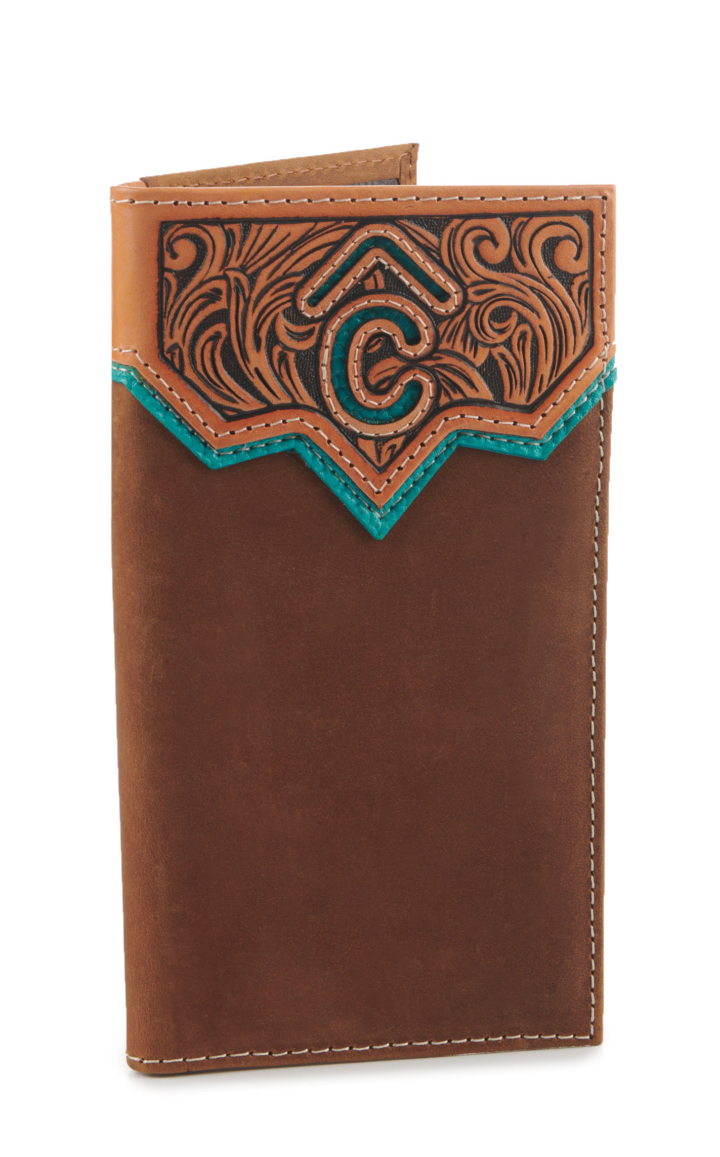 Rafter C Men’s Tan Tooled Leather Turquoise Underlay Checkbook Cover Rodeo Wallet - Image 1