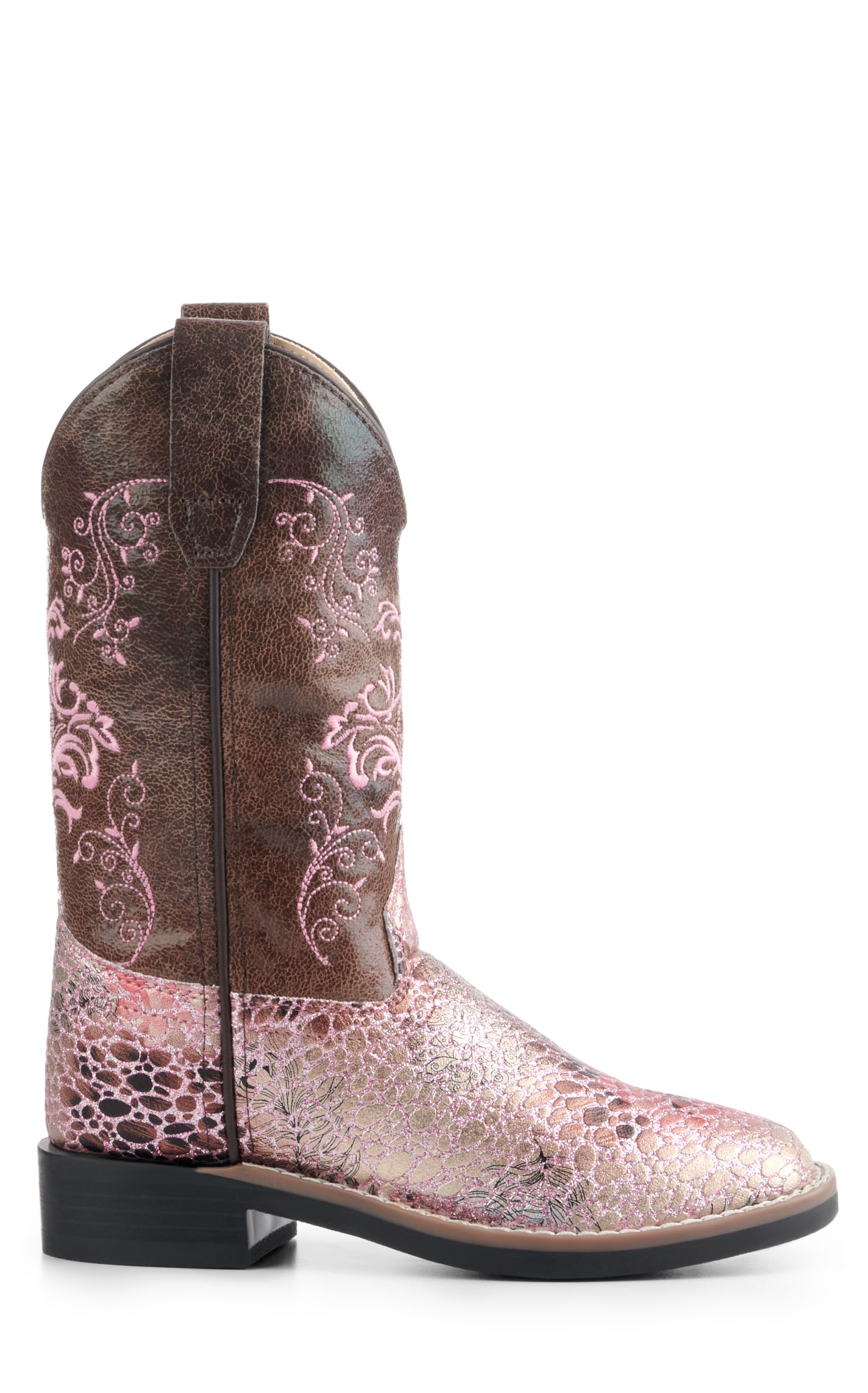 Old West Kids Brown and Crackle Antique Pink Square Toe Cowboy Boots - Image 1